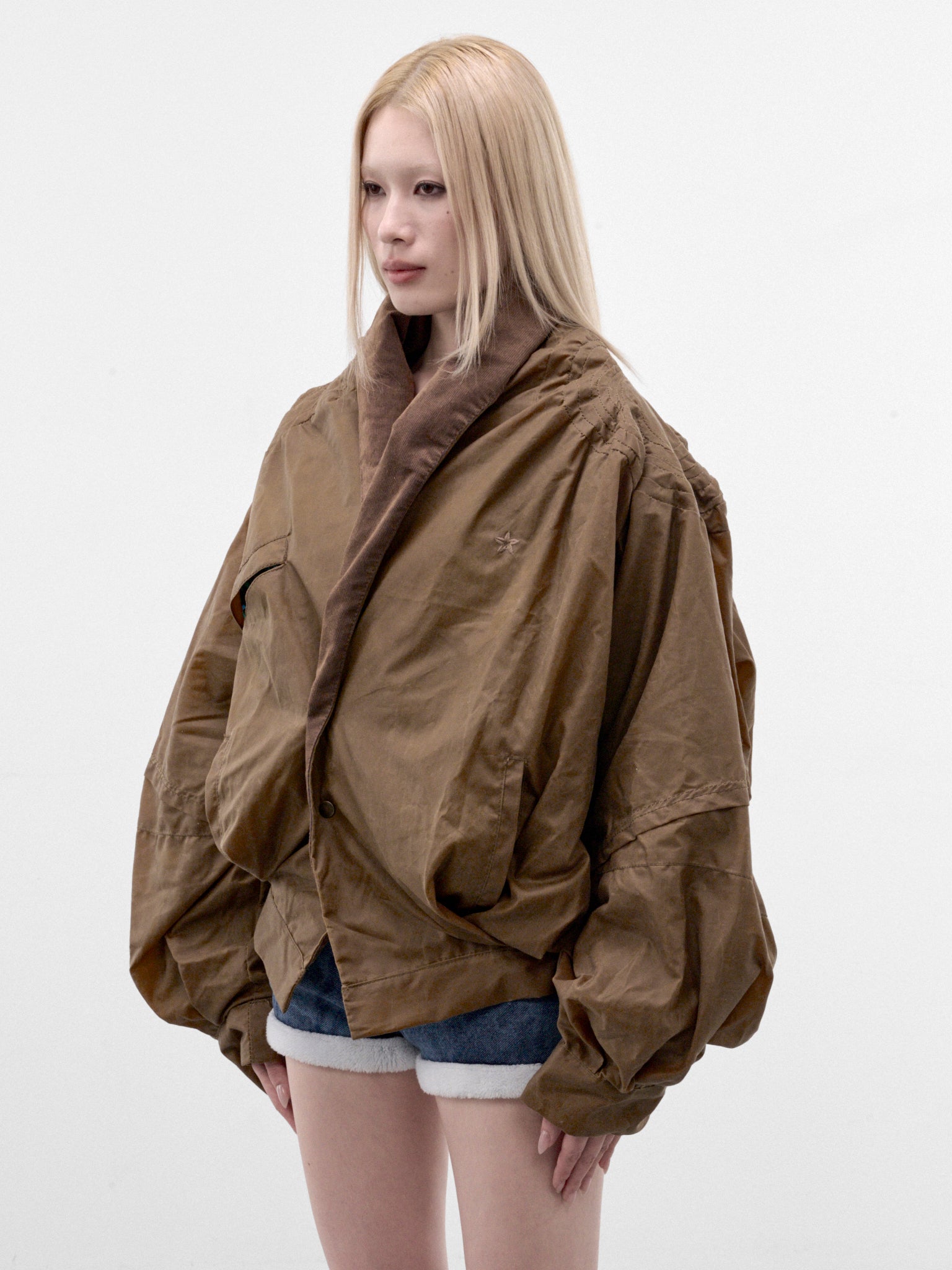 Brown Waxed Cotton Cocoon Jacket (MPAW26-101A-TAN-BROWN)