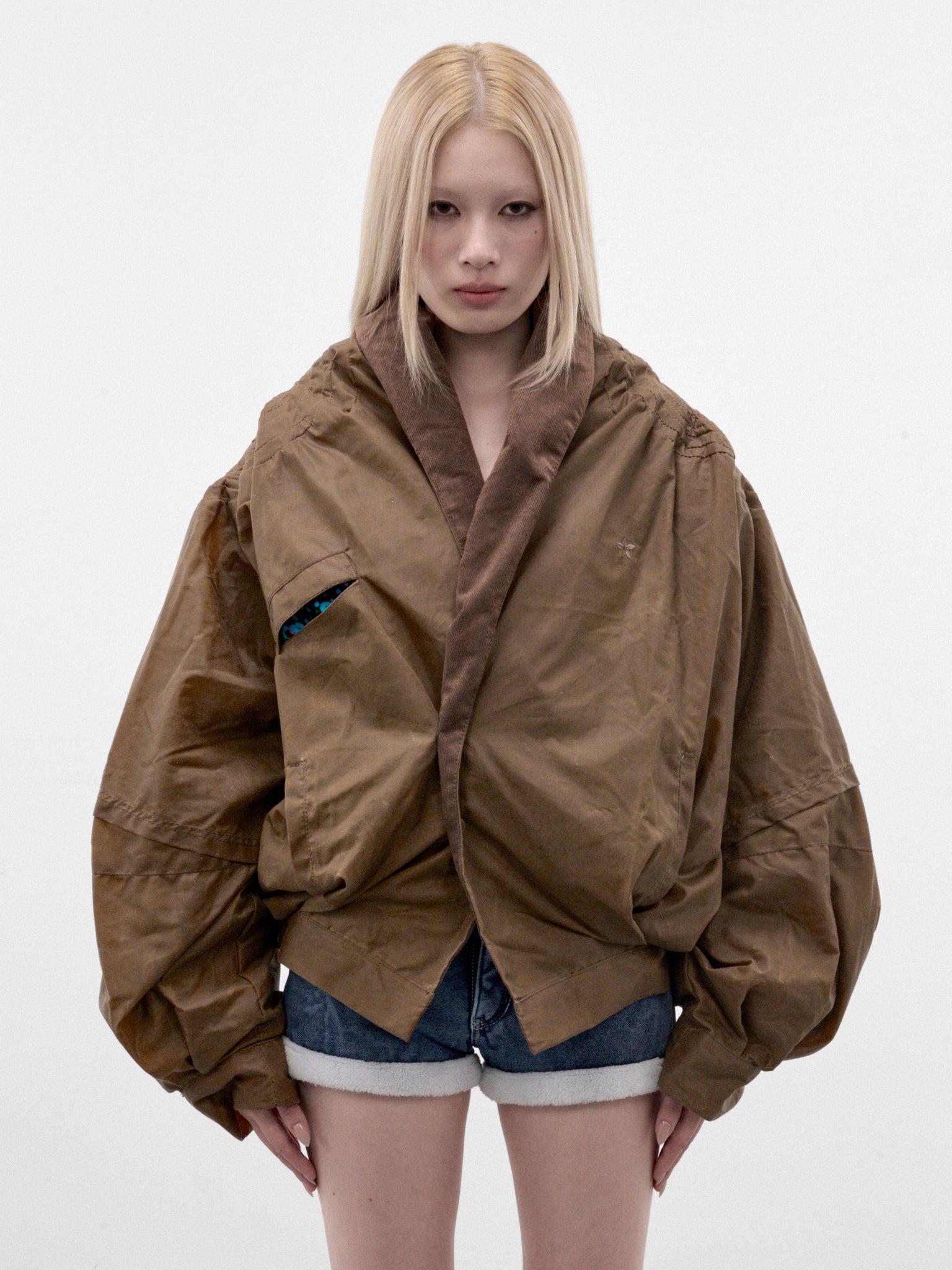 Brown Waxed Cotton Cocoon Jacket (MPAW26-101A-TAN-BROWN)