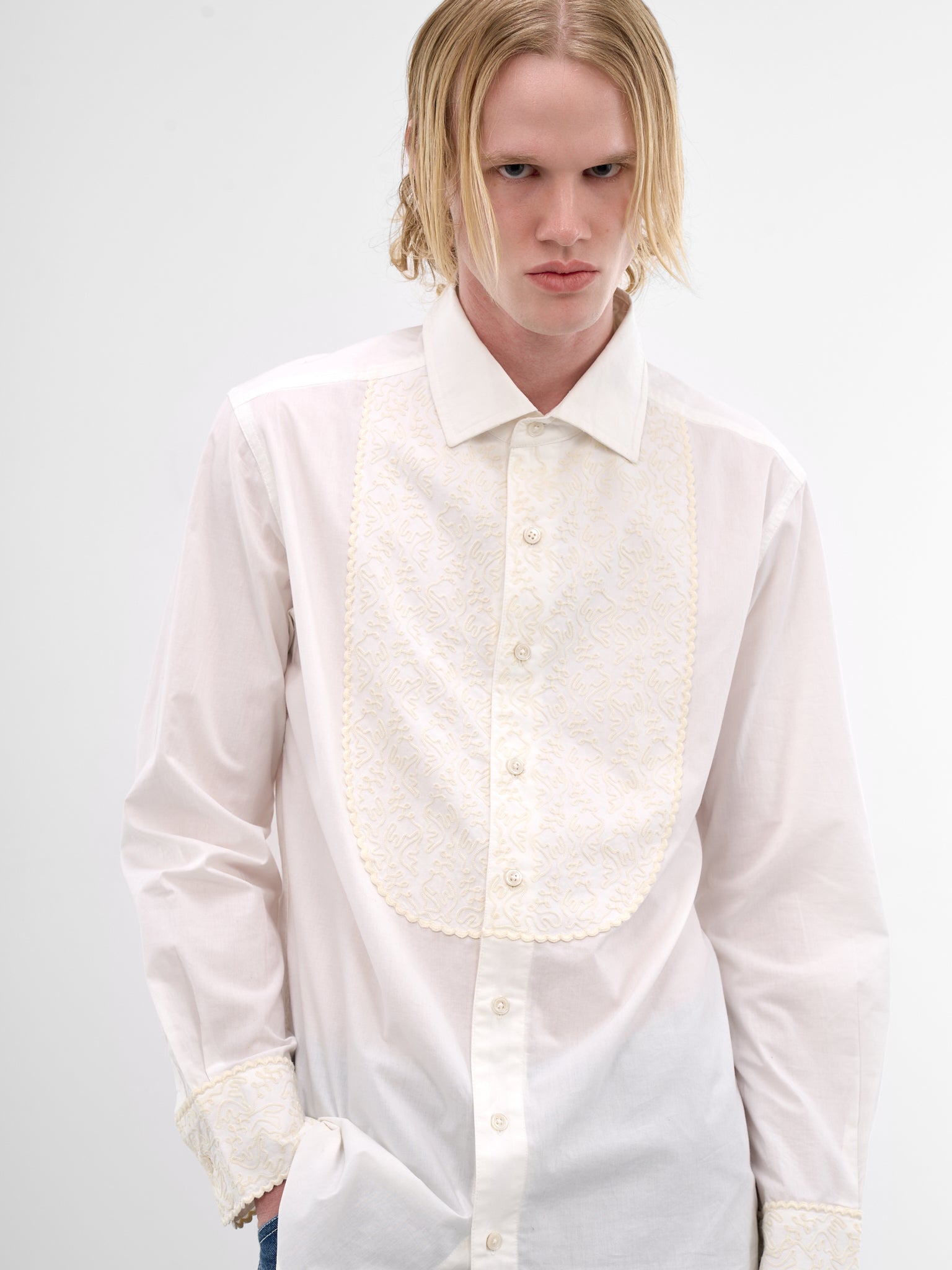 White Closerie Embroidered Tuxedo Shirt (MRS26SH008-ECRU)