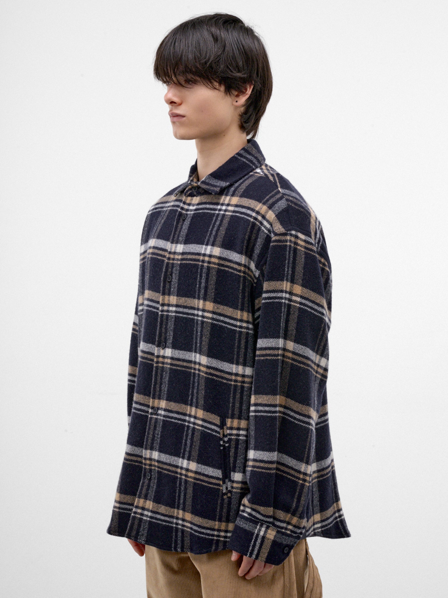 Blue Plaid Wool Button-Up Shirt (MSH06-FAW75-BLUE-BEIGE-WHITE)