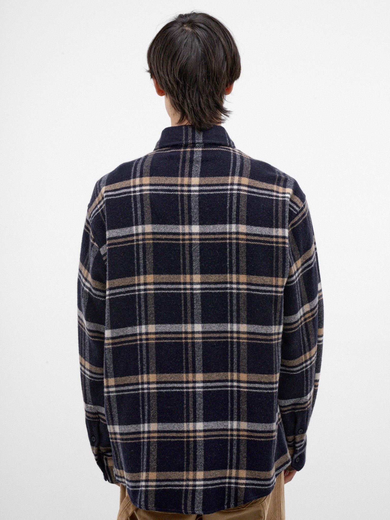 Blue Plaid Wool Button-Up Shirt (MSH06-FAW75-BLUE-BEIGE-WHITE)