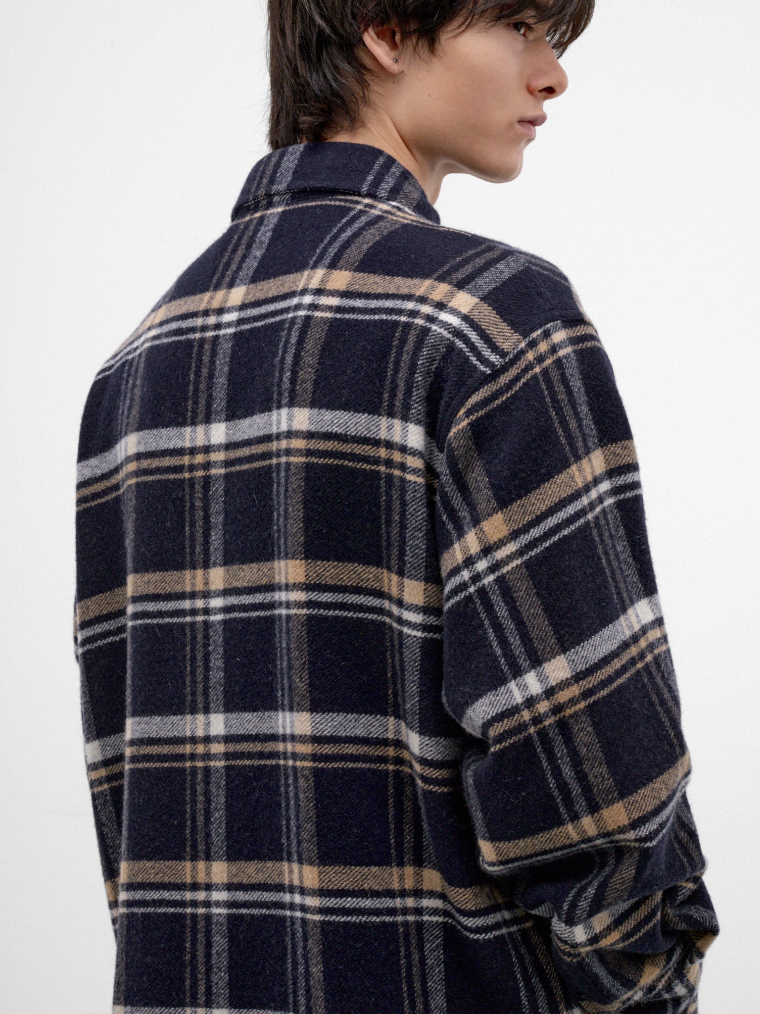 Blue Plaid Wool Button-Up Shirt (MSH06-FAW75-BLUE-BEIGE-WHITE)
