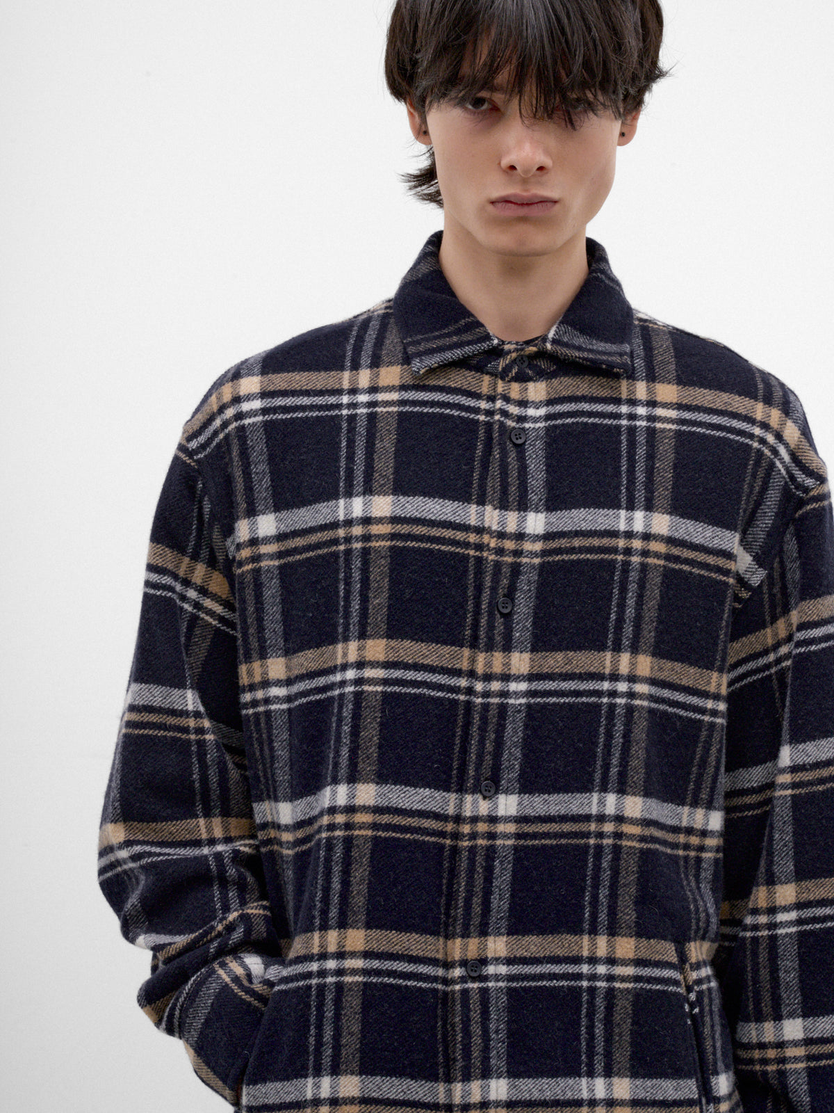 Blue Plaid Wool Button-Up Shirt (MSH06-FAW75-BLUE-BEIGE-WHITE)