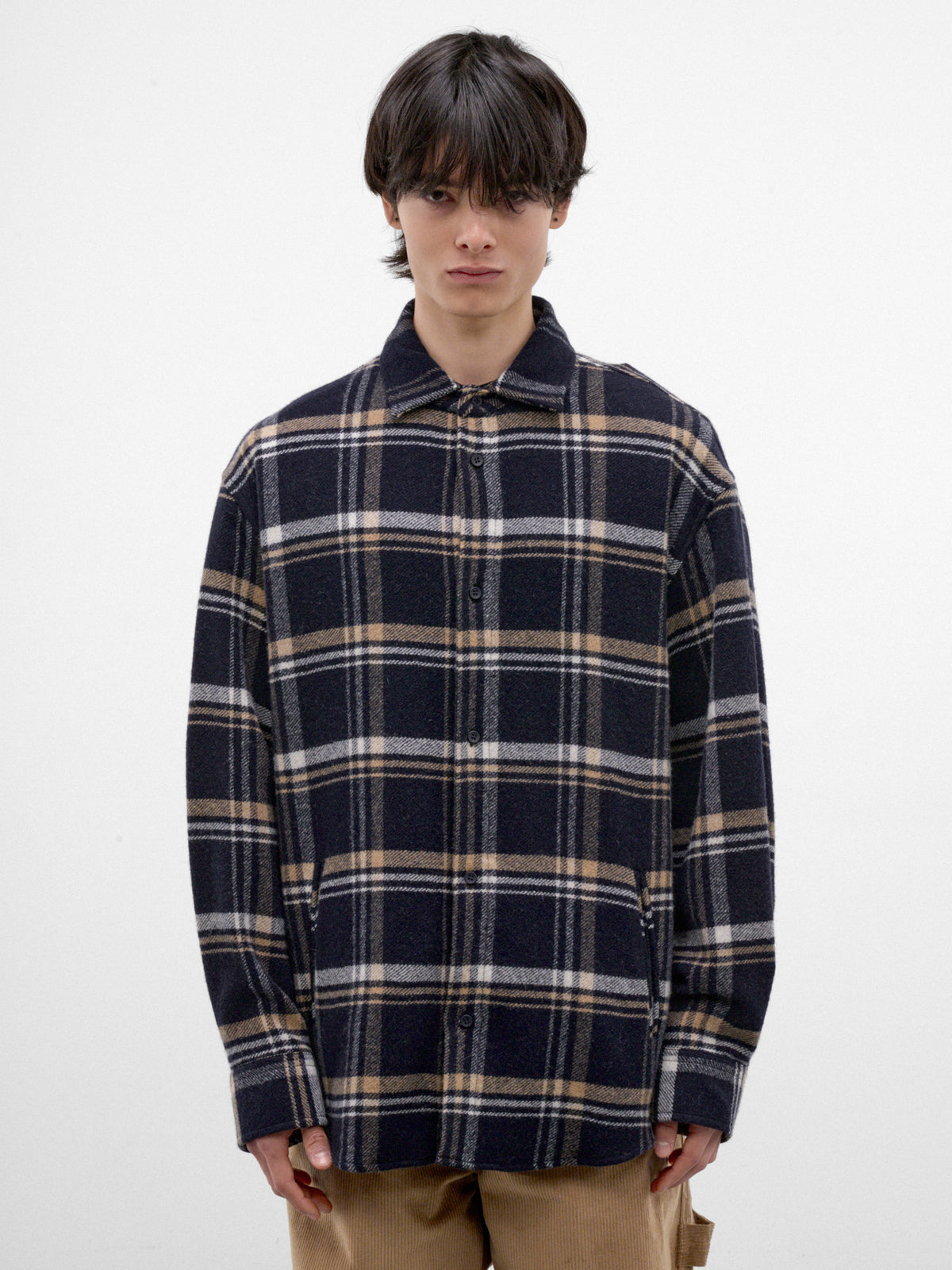 Blue Plaid Wool Button-Up Shirt (MSH06-FAW75-BLUE-BEIGE-WHITE)