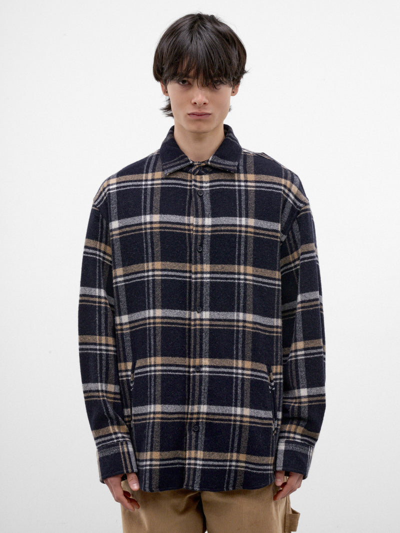 Blue Plaid Wool Button-Up Shirt (MSH06-FAW75-BLUE-BEIGE-WHITE)
