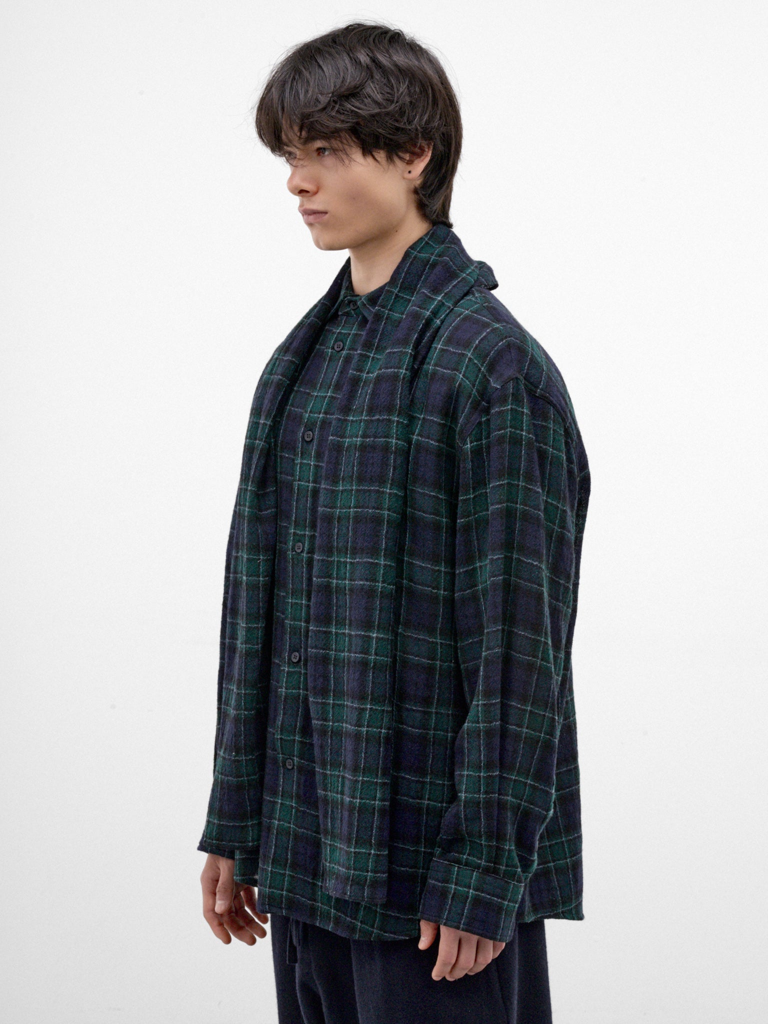 Green Plaid Wool Button-Up Shirt (MSH24-FAW74-BLUE-GREEN-WHITE)