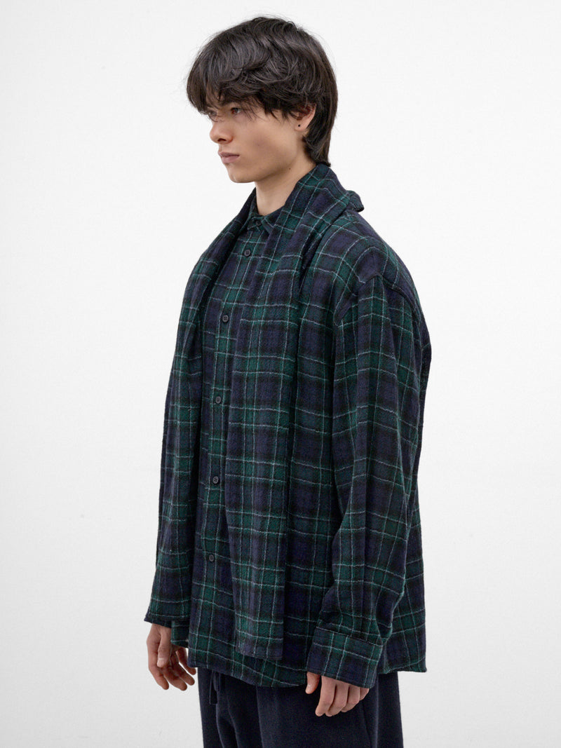 Green Plaid Wool Button-Up Shirt (MSH24-FAW74-BLUE-GREEN-WHITE)