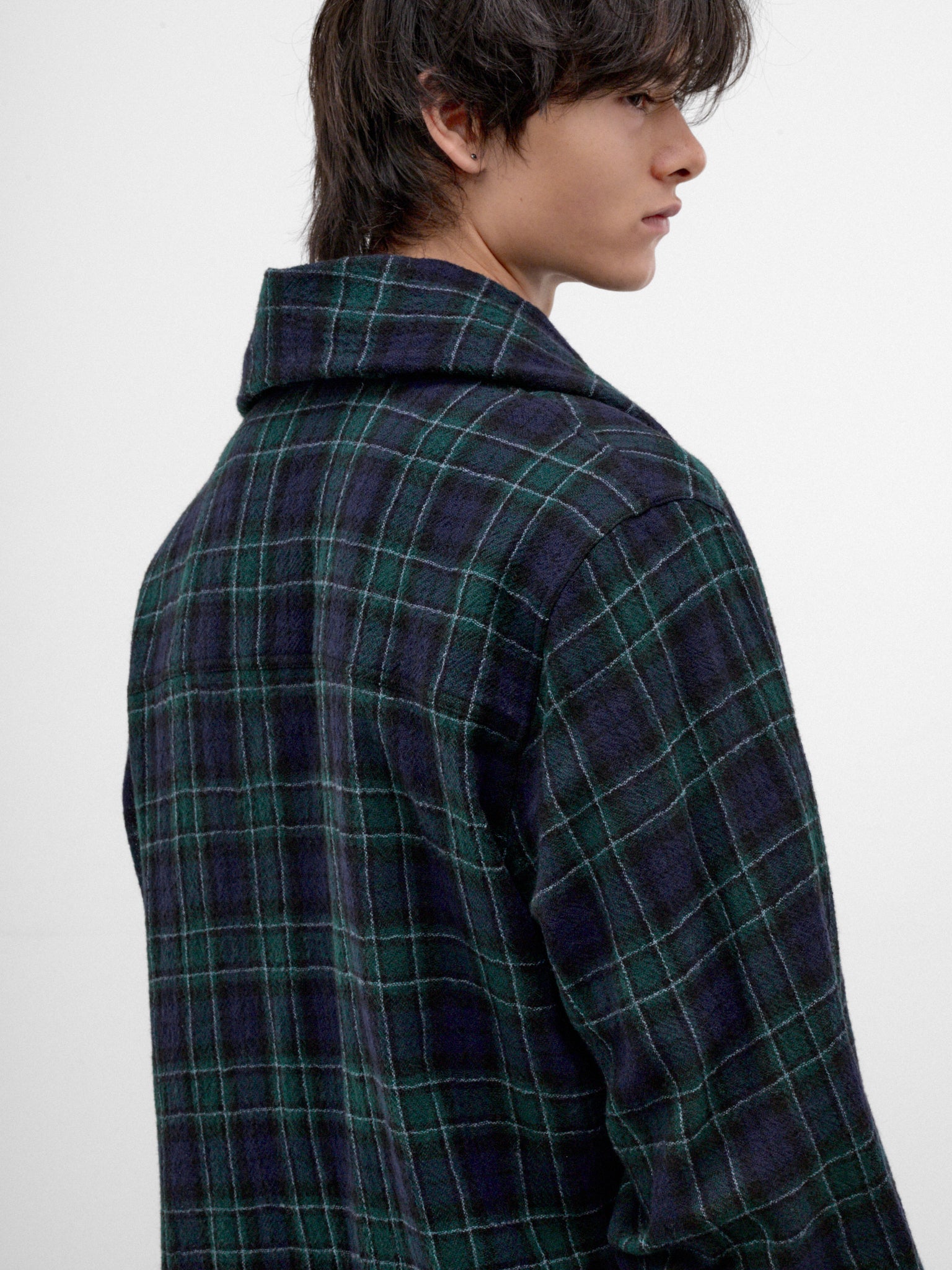 Green Plaid Wool Button-Up Shirt (MSH24-FAW74-BLUE-GREEN-WHITE)