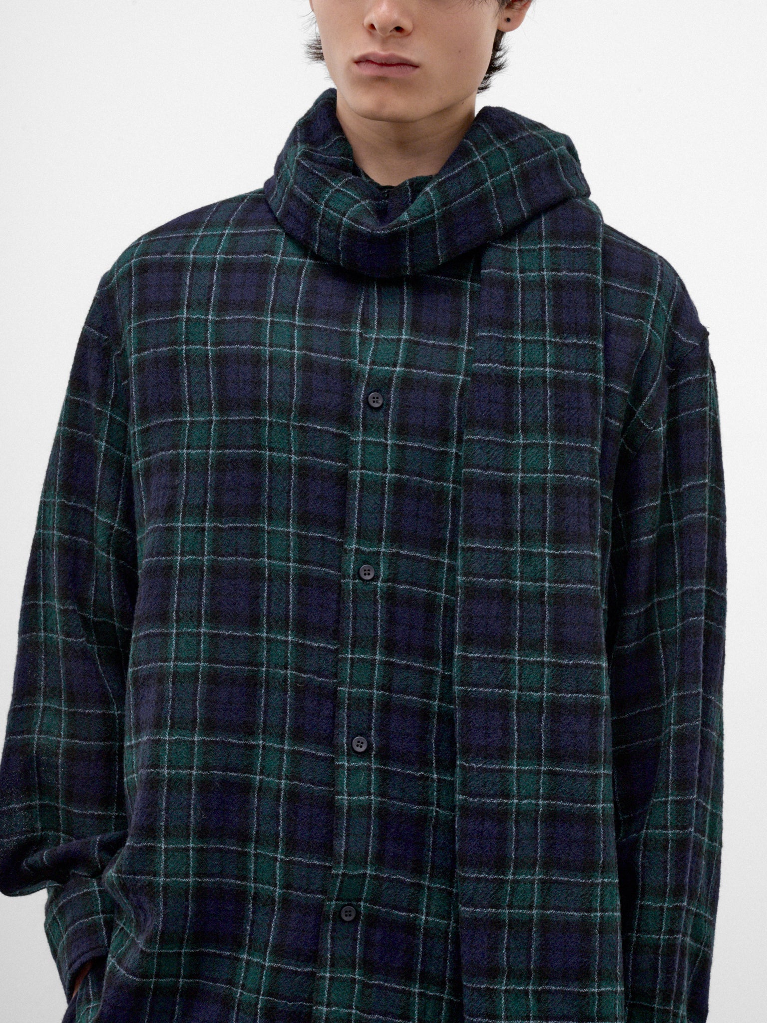 Green Plaid Wool Button-Up Shirt (MSH24-FAW74-BLUE-GREEN-WHITE)
