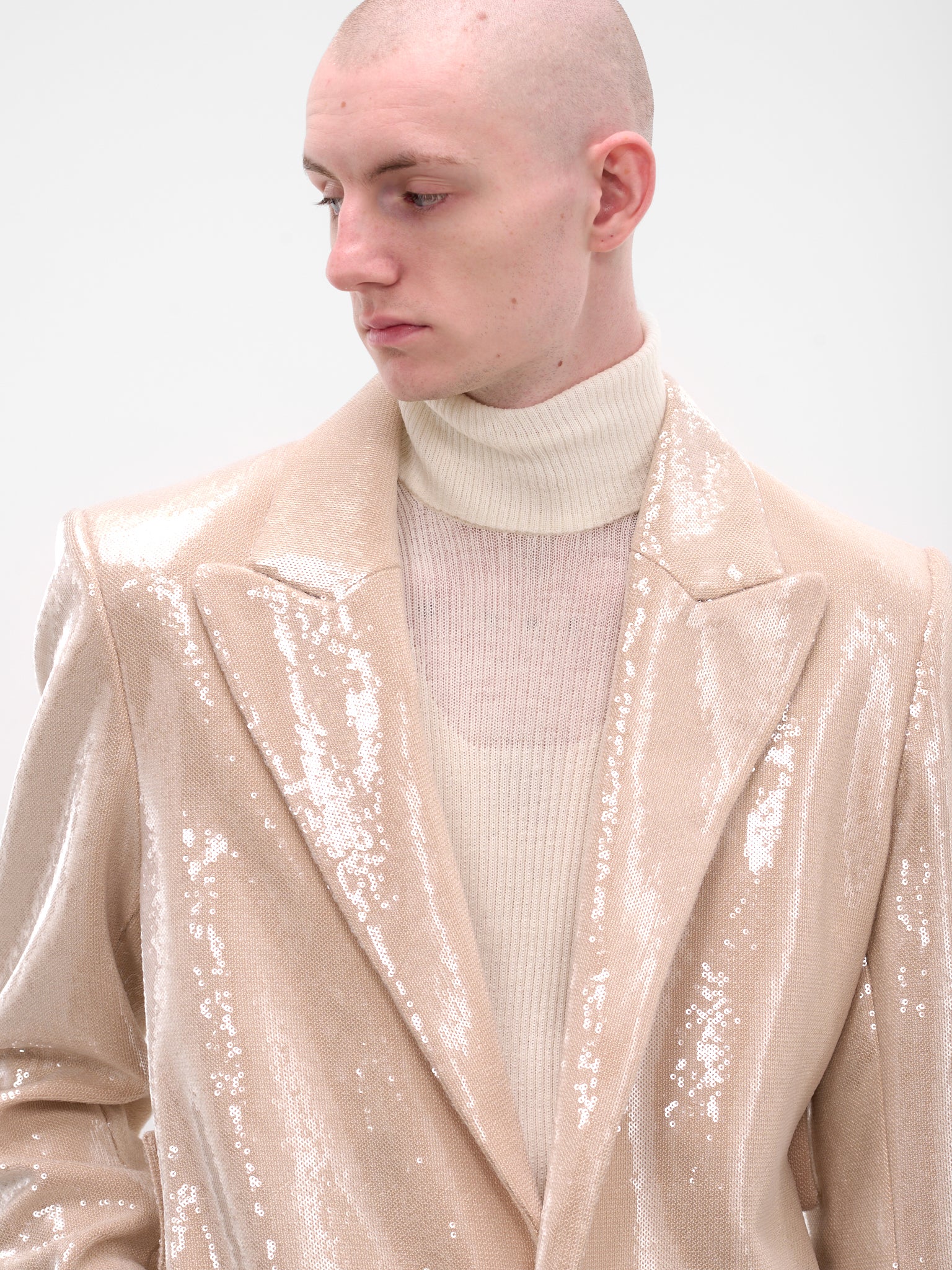 Beige Sequin Peaked Lapel Coat (MT-003-B-BEIGE)