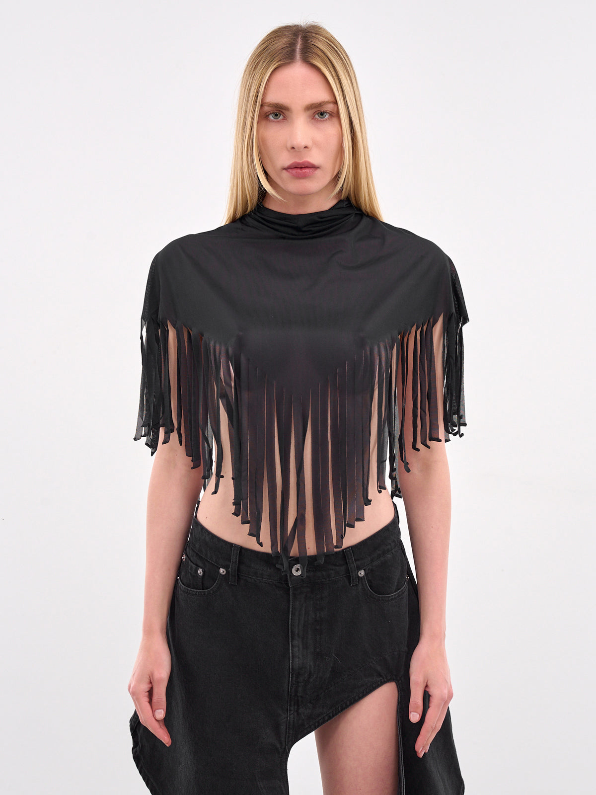 Hooded Fringe Shawl Top (N0115-BLACK)