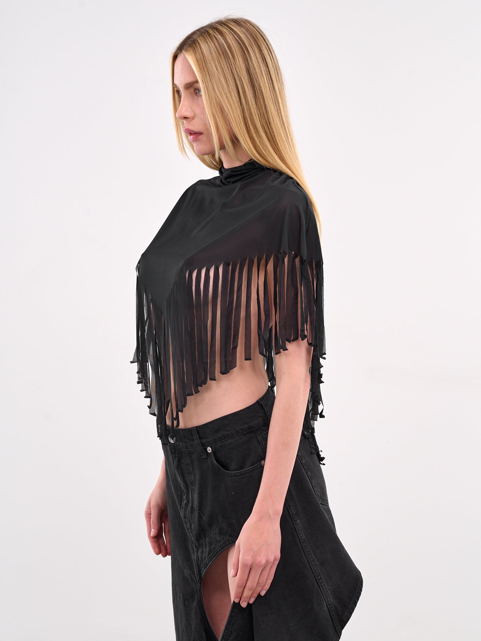 Hooded Fringe Shawl Top (N0115-BLACK)