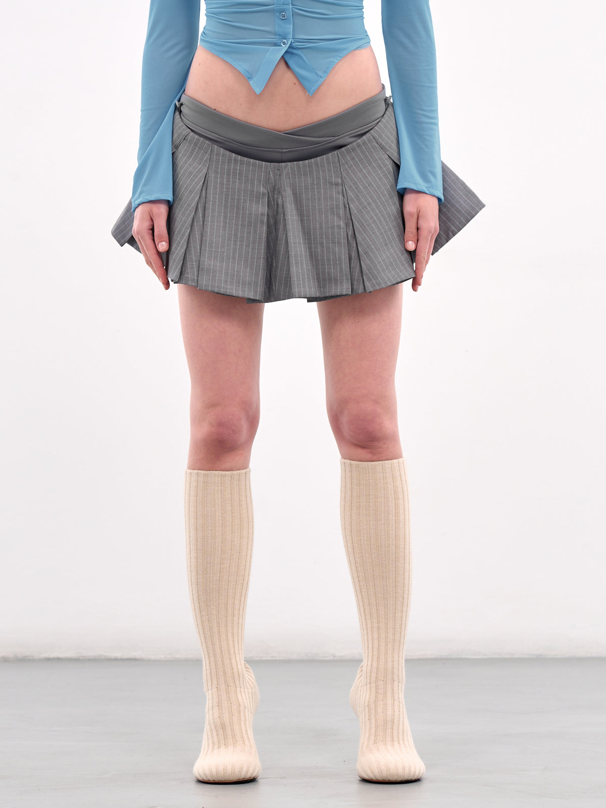 Pinstripe Pleated Mini Skirt (N0117-LIGHT-GREY)