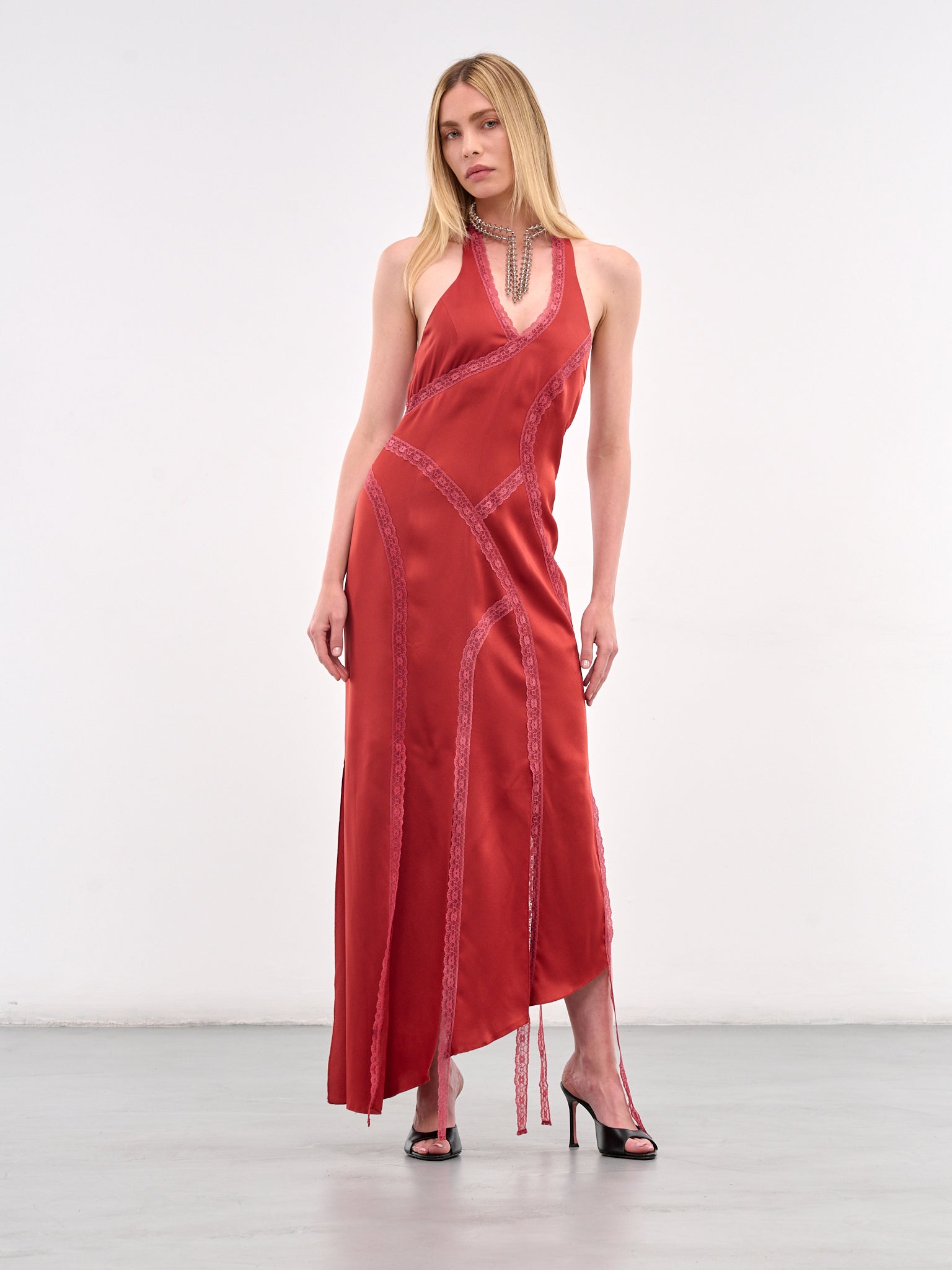 Asymmetric Lace Trim Dress (N0119-RED)