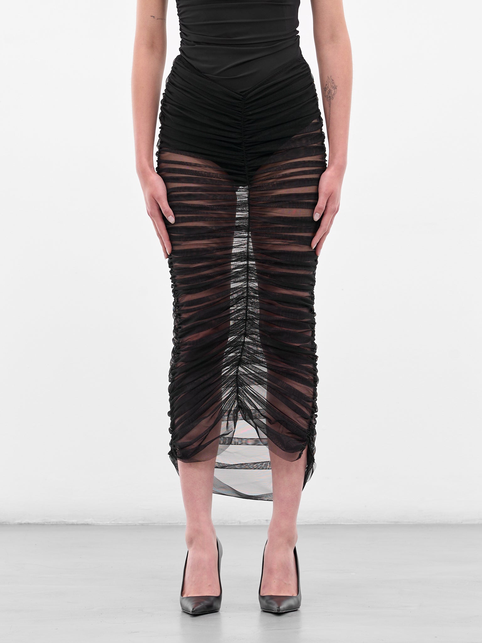 Black Sheer Ruched Midi Skirt (ND-SKT067-2000-100-BLACK)