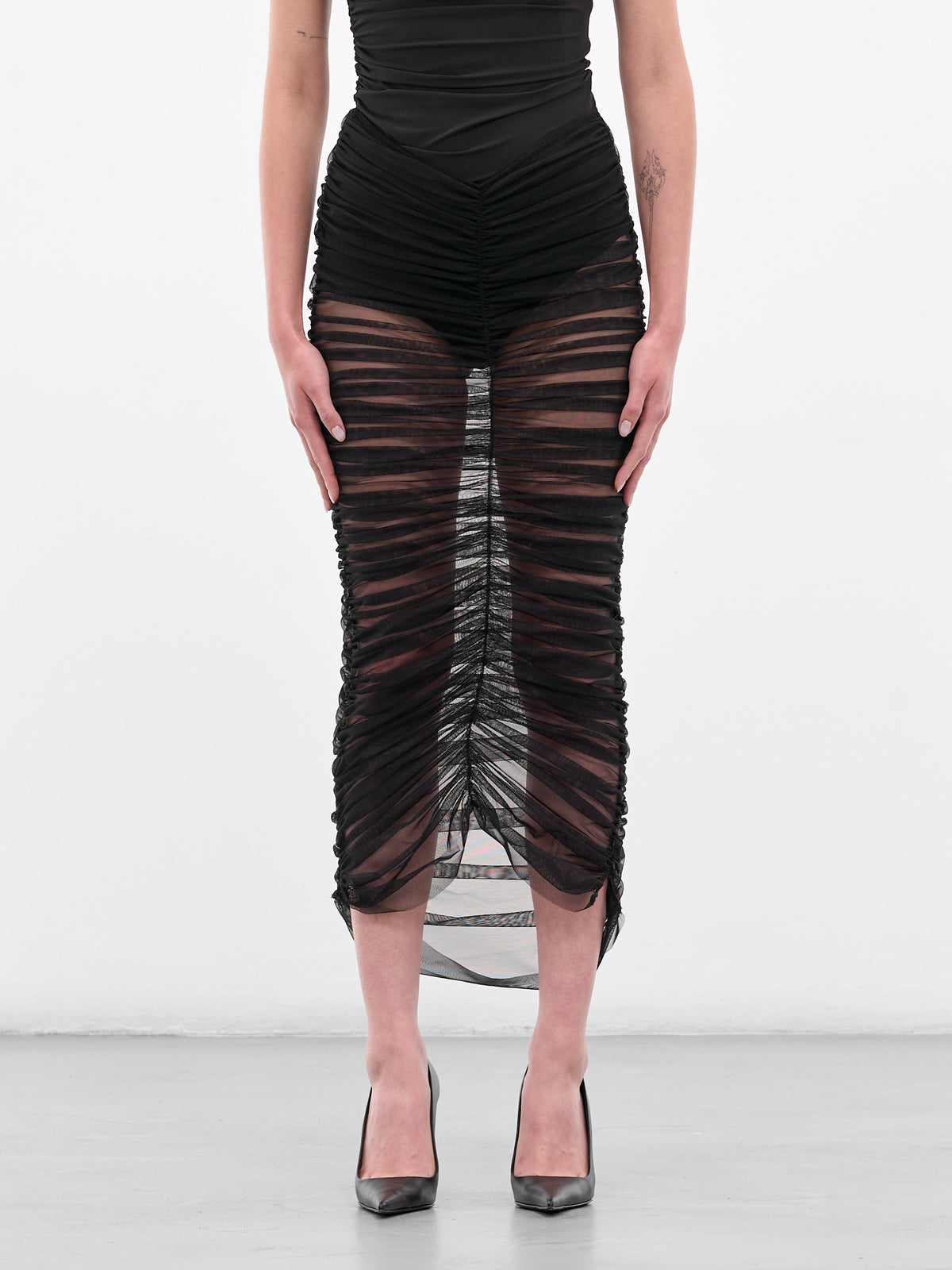 Black Sheer Ruched Midi Skirt (ND-SKT067-2000-100-BLACK)