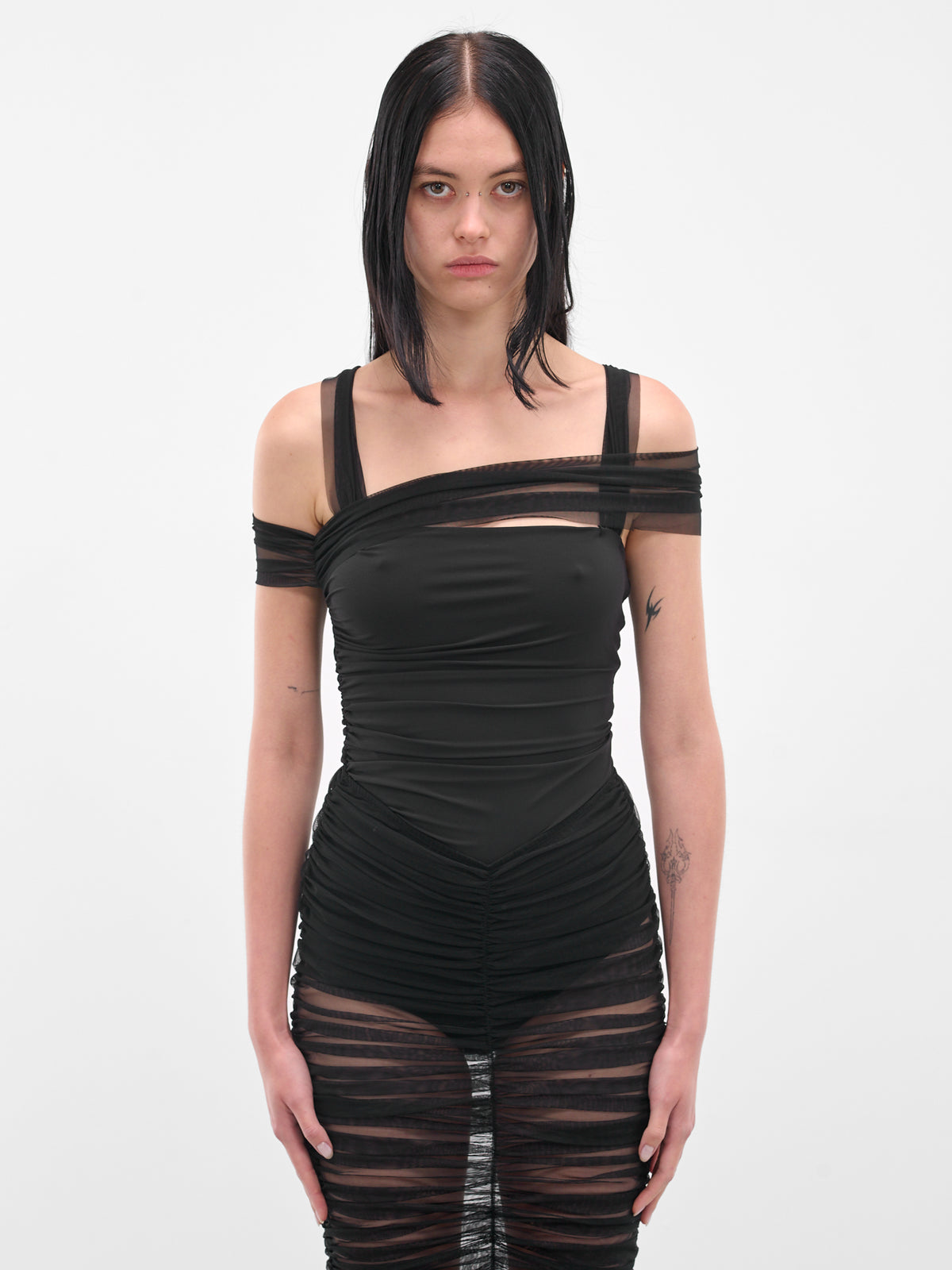 Black Draped Shoulder Ruched Bodysuit (ND-TOP097-1001-100-BLACK)
