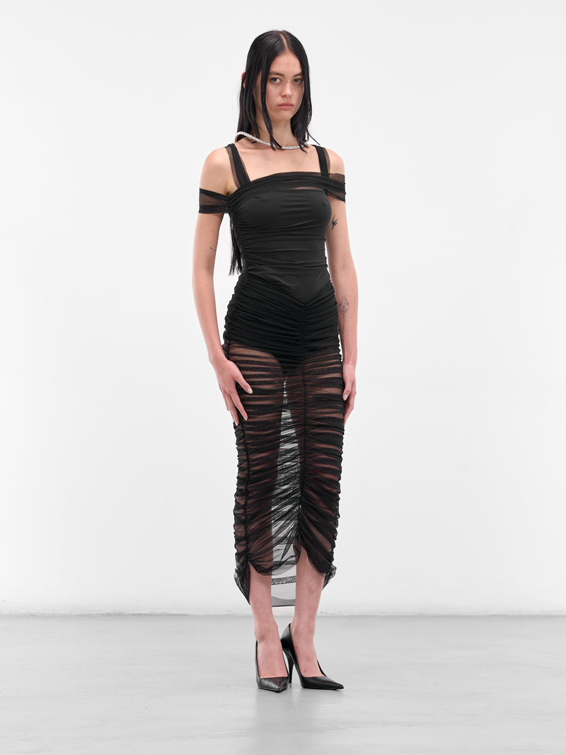 Black Sheer Ruched Midi Skirt (ND-SKT067-2000-100-BLACK)