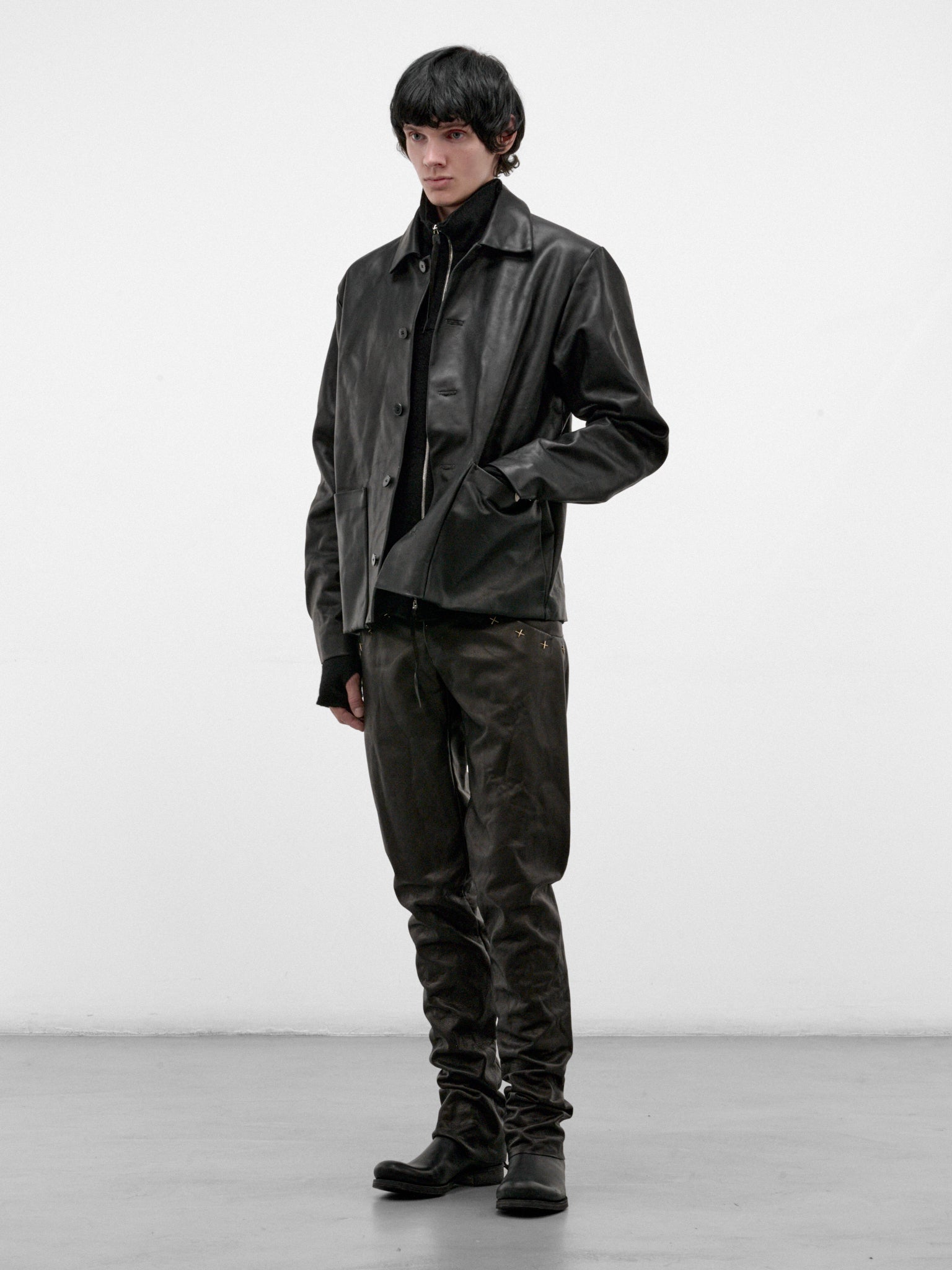 Black Leather Buttoned Jacket (J46-VA-1-0-BLACK)