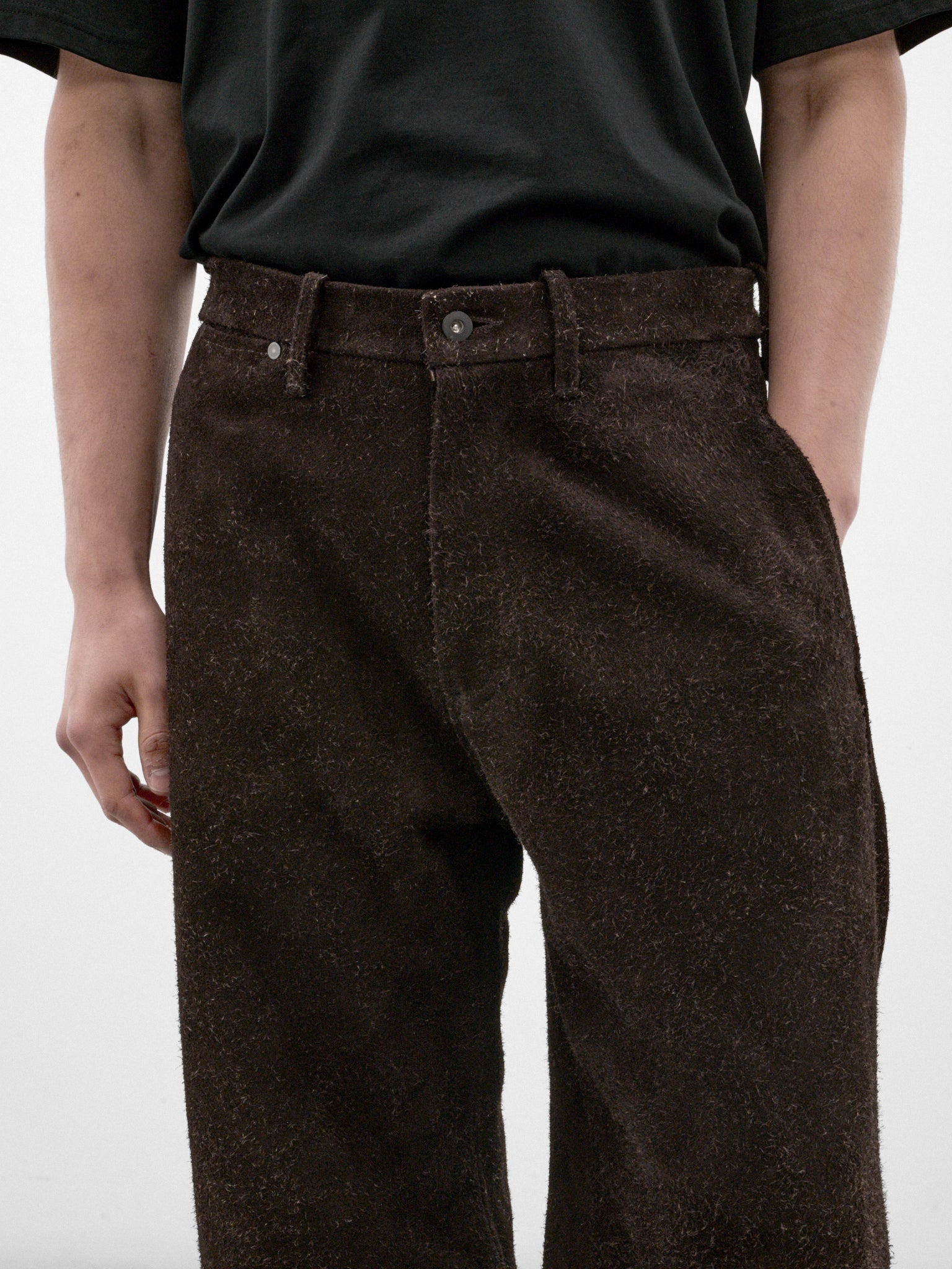 Brown Angora Suede 5-Pocket Trousers (OA-AW26-LTH-104-02-BROWN)