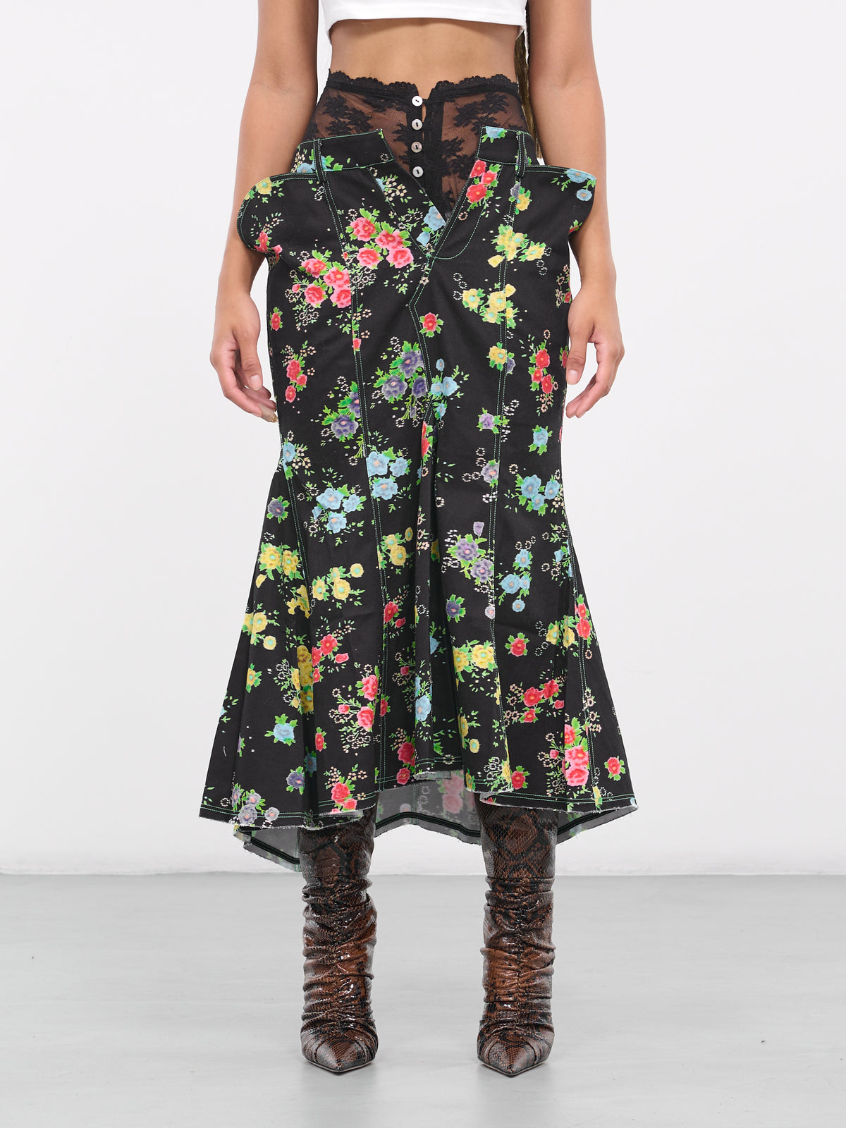 Layered Denim Skirt (OOSK03BK-BLACK-FLORAL-PRINT)