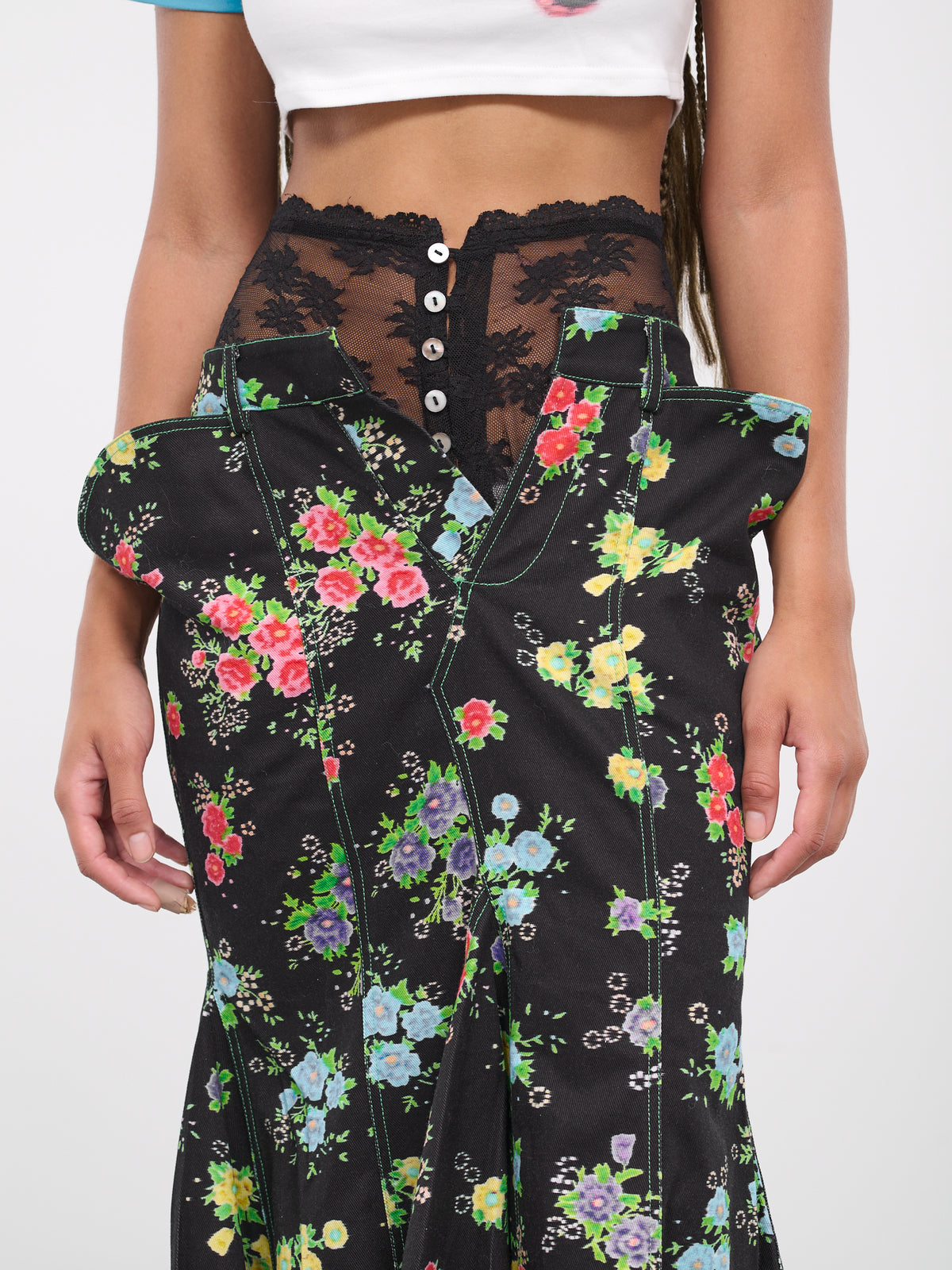 Layered Denim Skirt (OOSK03BK-BLACK-FLORAL-PRINT)