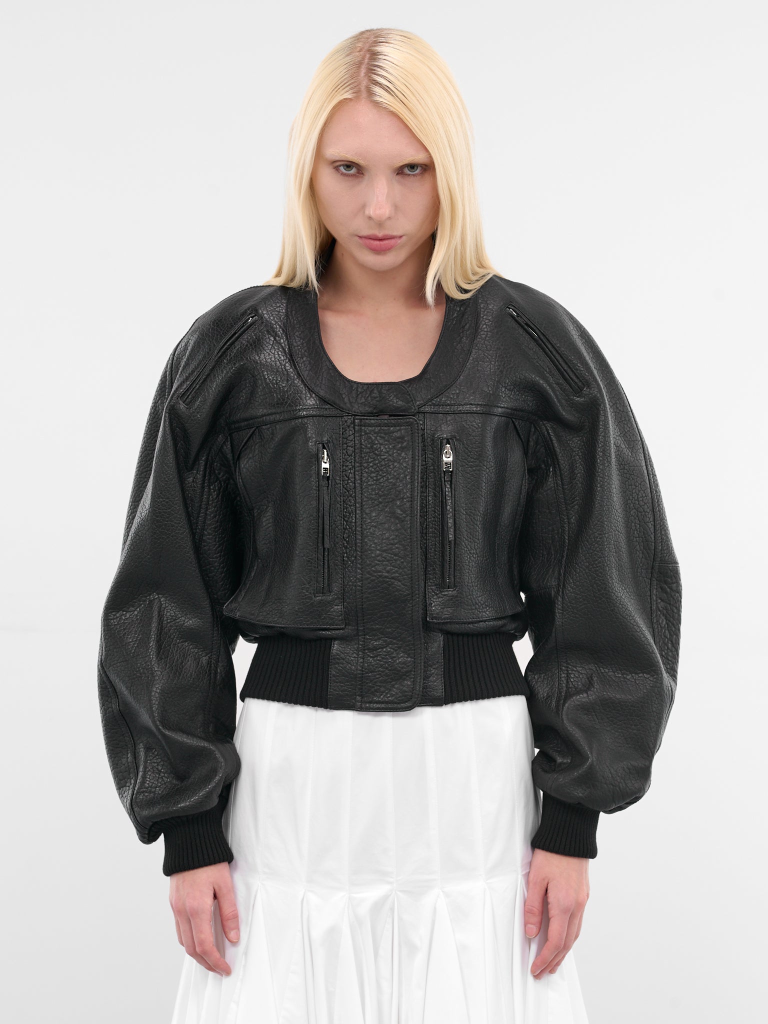 Black Leather Cropped Bomber Jacket (OUW00114AC03L03-BLACK)