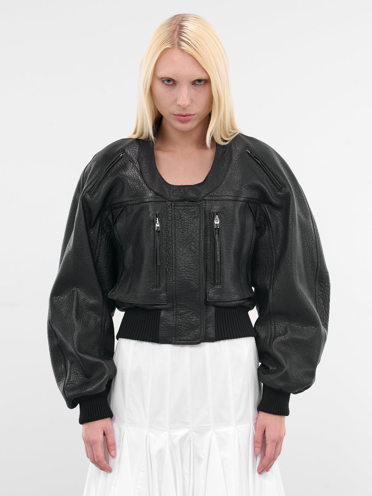 Black Leather Cropped Bomber Jacket (OUW00114AC03L03-BLACK)