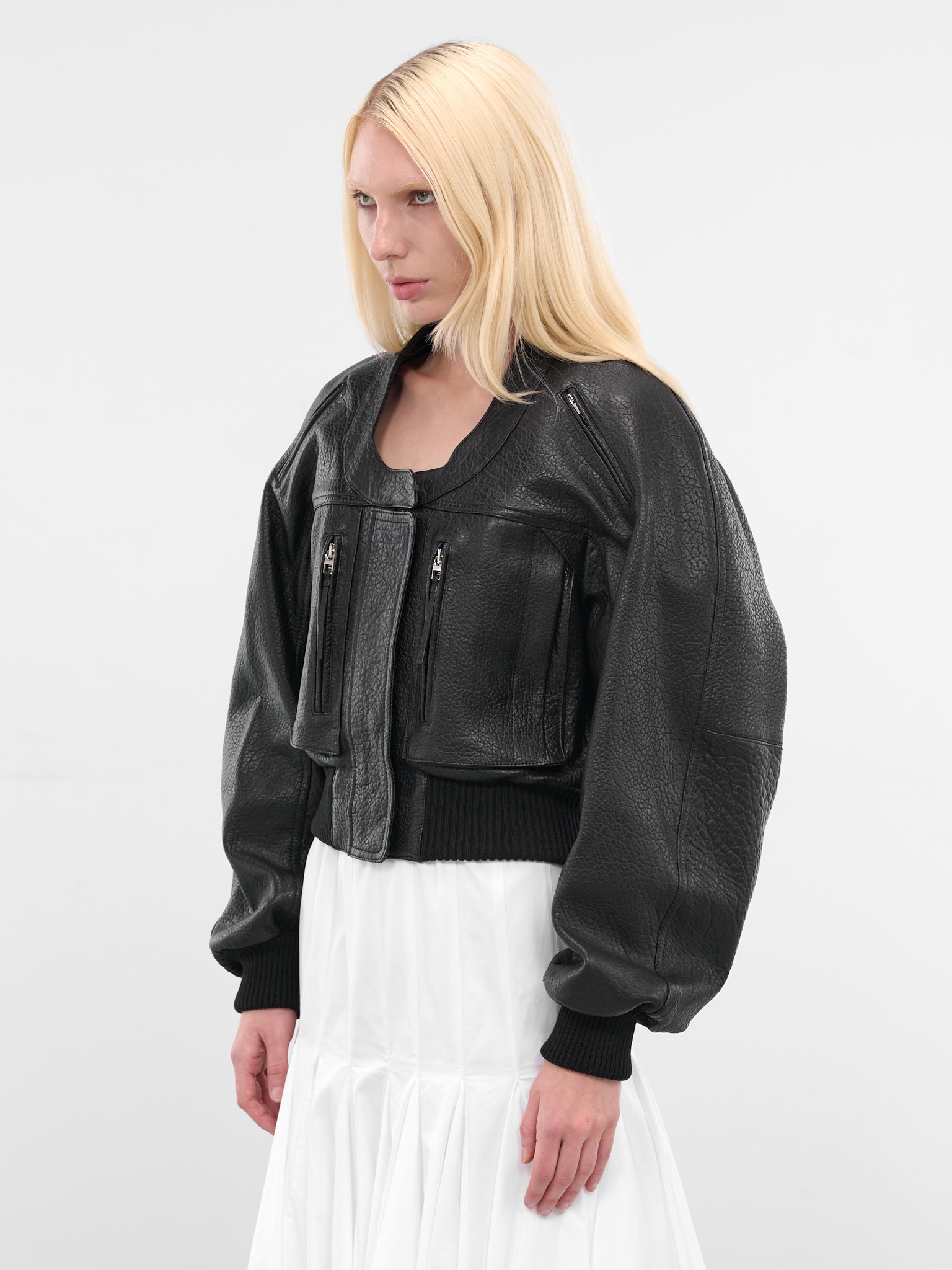 Black Leather Cropped Bomber Jacket (OUW00114AC03L03-BLACK)