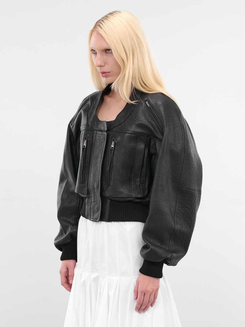 Black Leather Cropped Bomber Jacket (OUW00114AC03L03-BLACK)