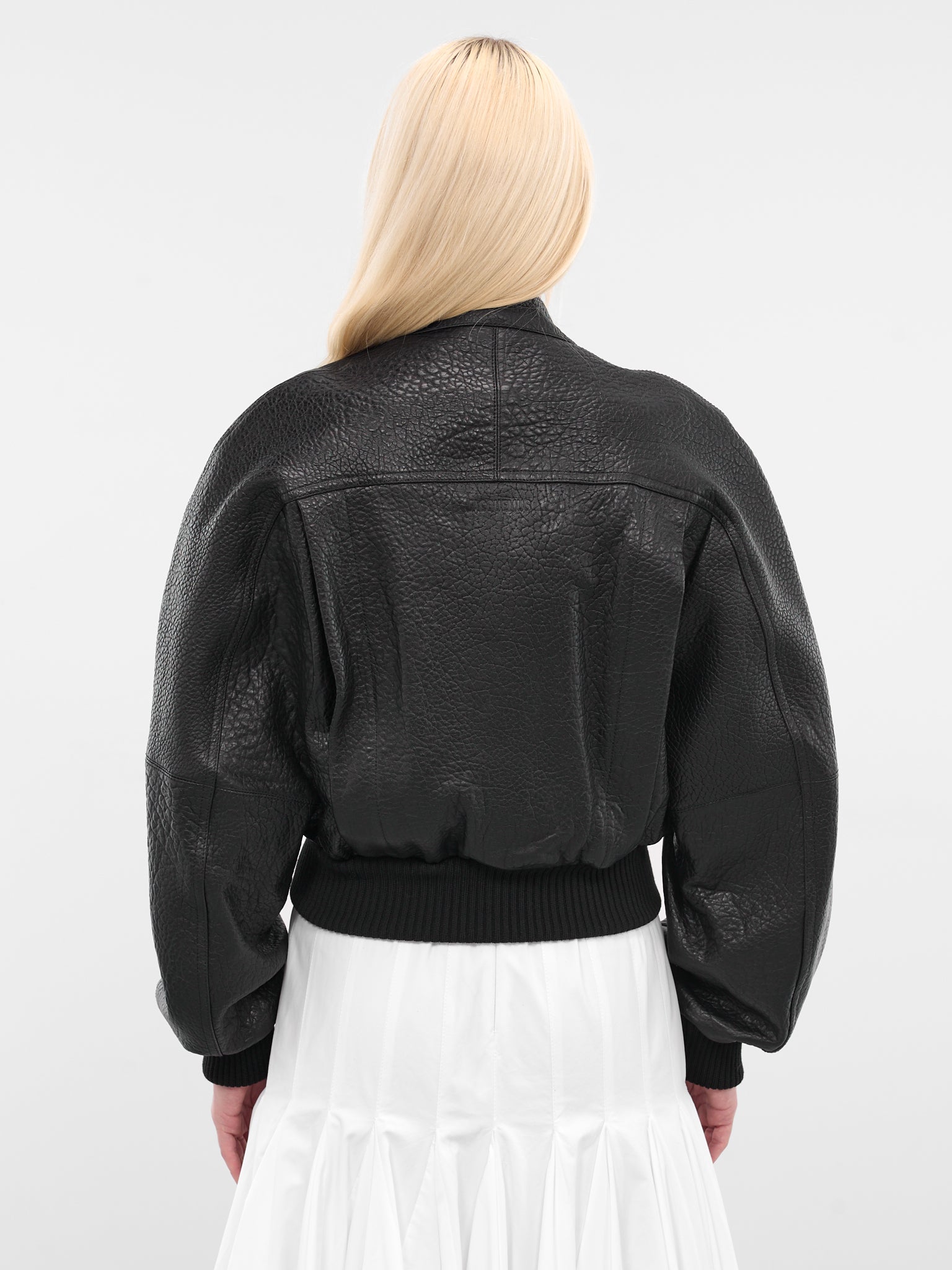 Black Leather Cropped Bomber Jacket (OUW00114AC03L03-BLACK)