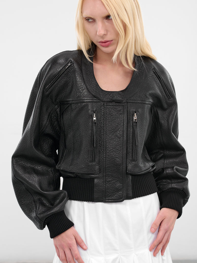 Black Leather Cropped Bomber Jacket (OUW00114AC03L03-BLACK)