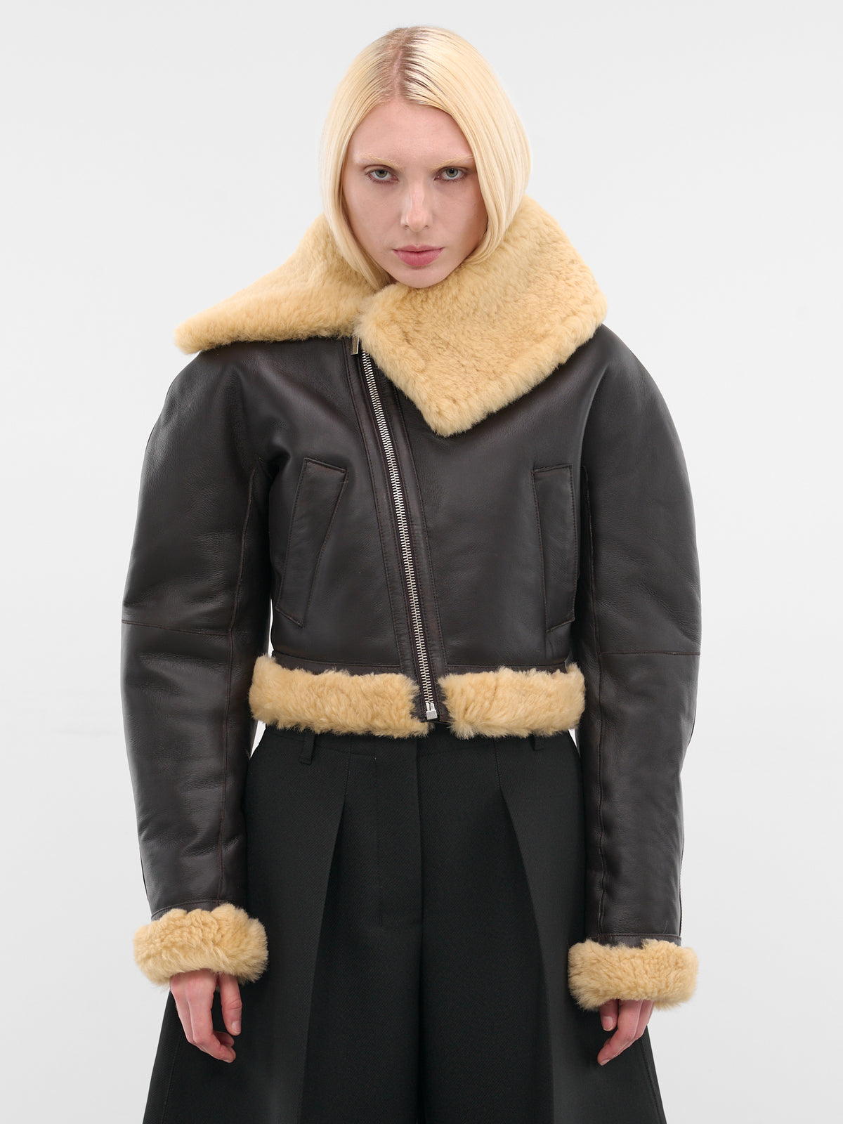 Brown Leather Aviator Cropped Jacket (OUW00119AC16L05-DARK-BROWN)