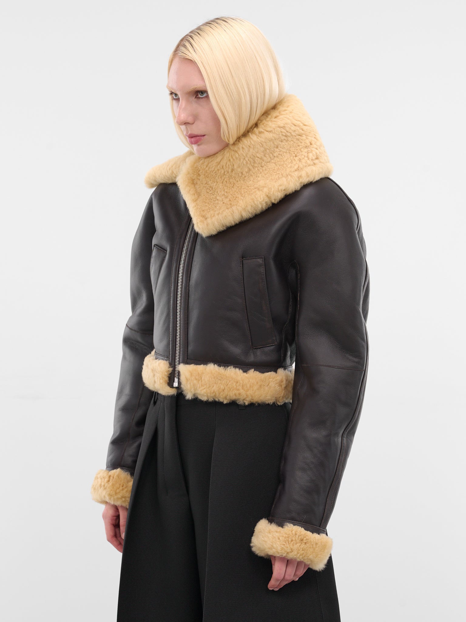 Brown Leather Aviator Cropped Jacket (OUW00119AC16L05-DARK-BROWN)