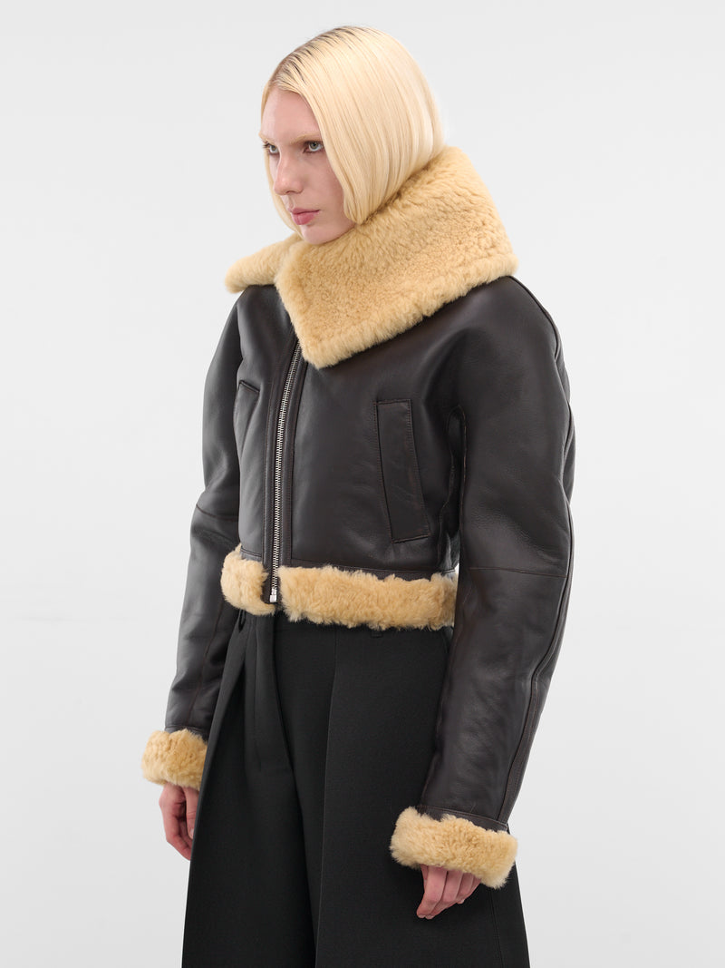 Brown Leather Aviator Cropped Jacket (OUW00119AC16L05-DARK-BROWN)