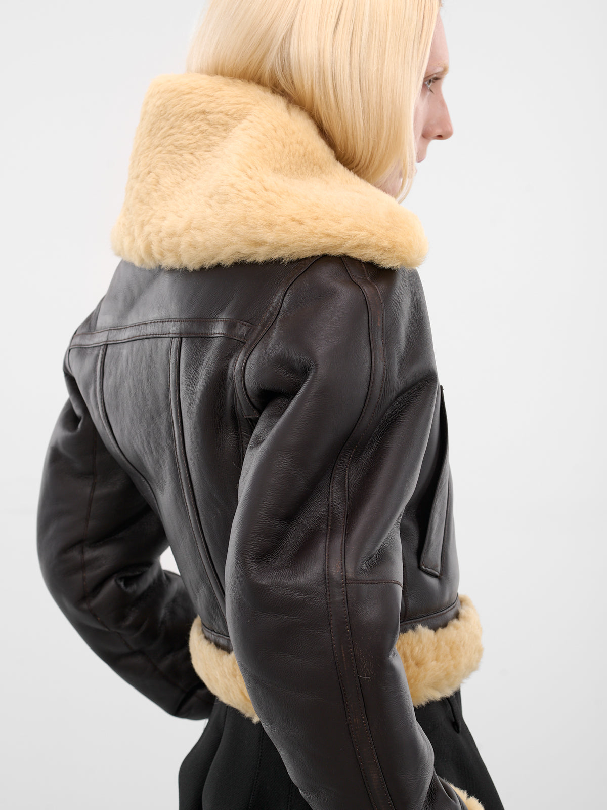 Brown Leather Aviator Cropped Jacket (OUW00119AC16L05-DARK-BROWN)