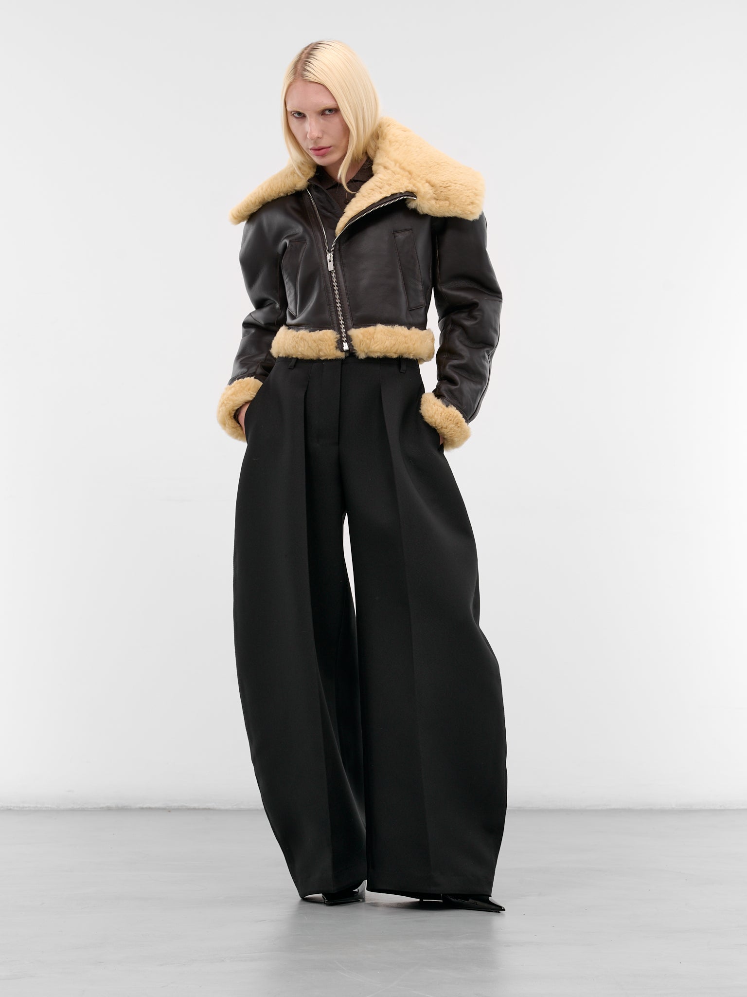 Brown Leather Aviator Cropped Jacket (OUW00119AC16L05-DARK-BROWN)