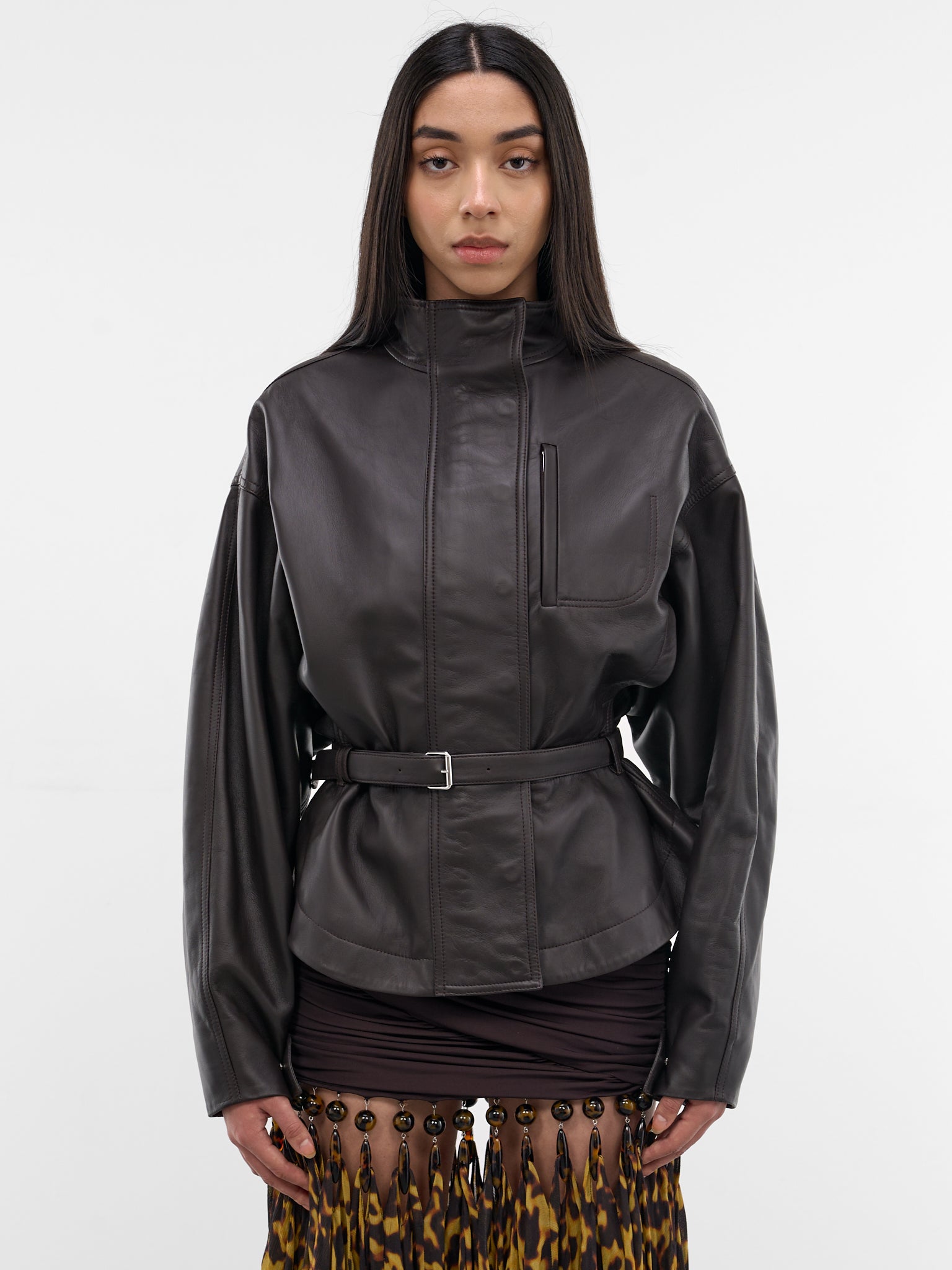 Brown Lamb Leather Belted Jacket (OUW00127AC27L27-DARK-BROWN)