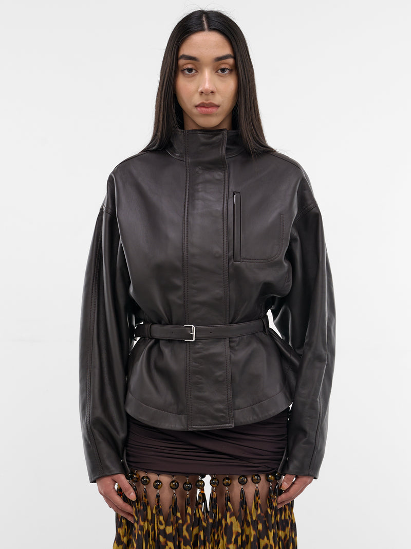 Brown Lamb Leather Belted Jacket (OUW00127AC27L27-DARK-BROWN)