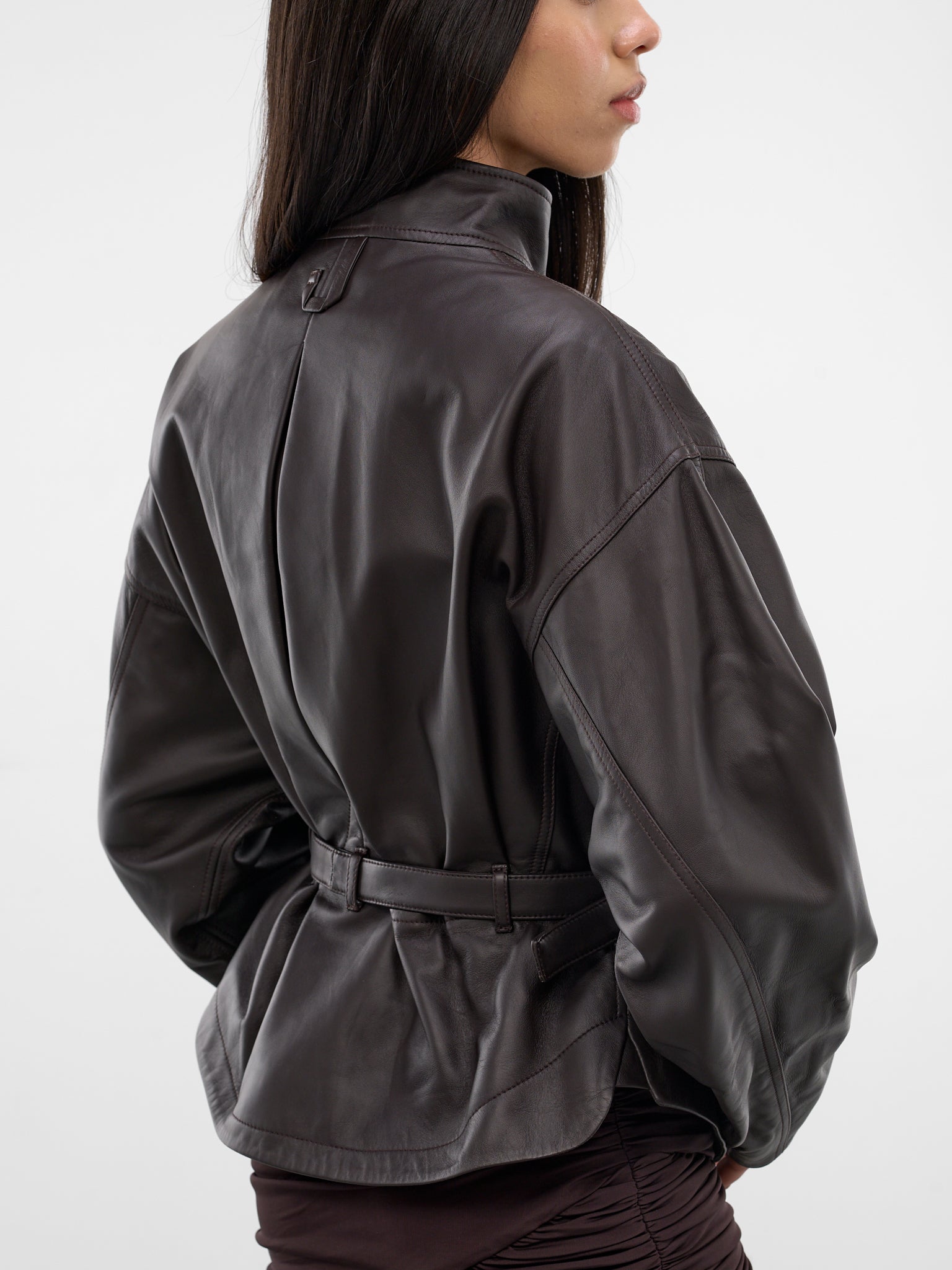 Brown Lamb Leather Belted Jacket (OUW00127AC27L27-DARK-BROWN)