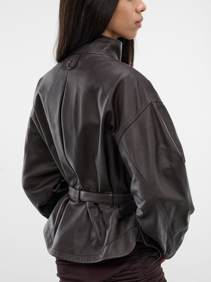 Brown Lamb Leather Belted Jacket (OUW00127AC27L27-DARK-BROWN)