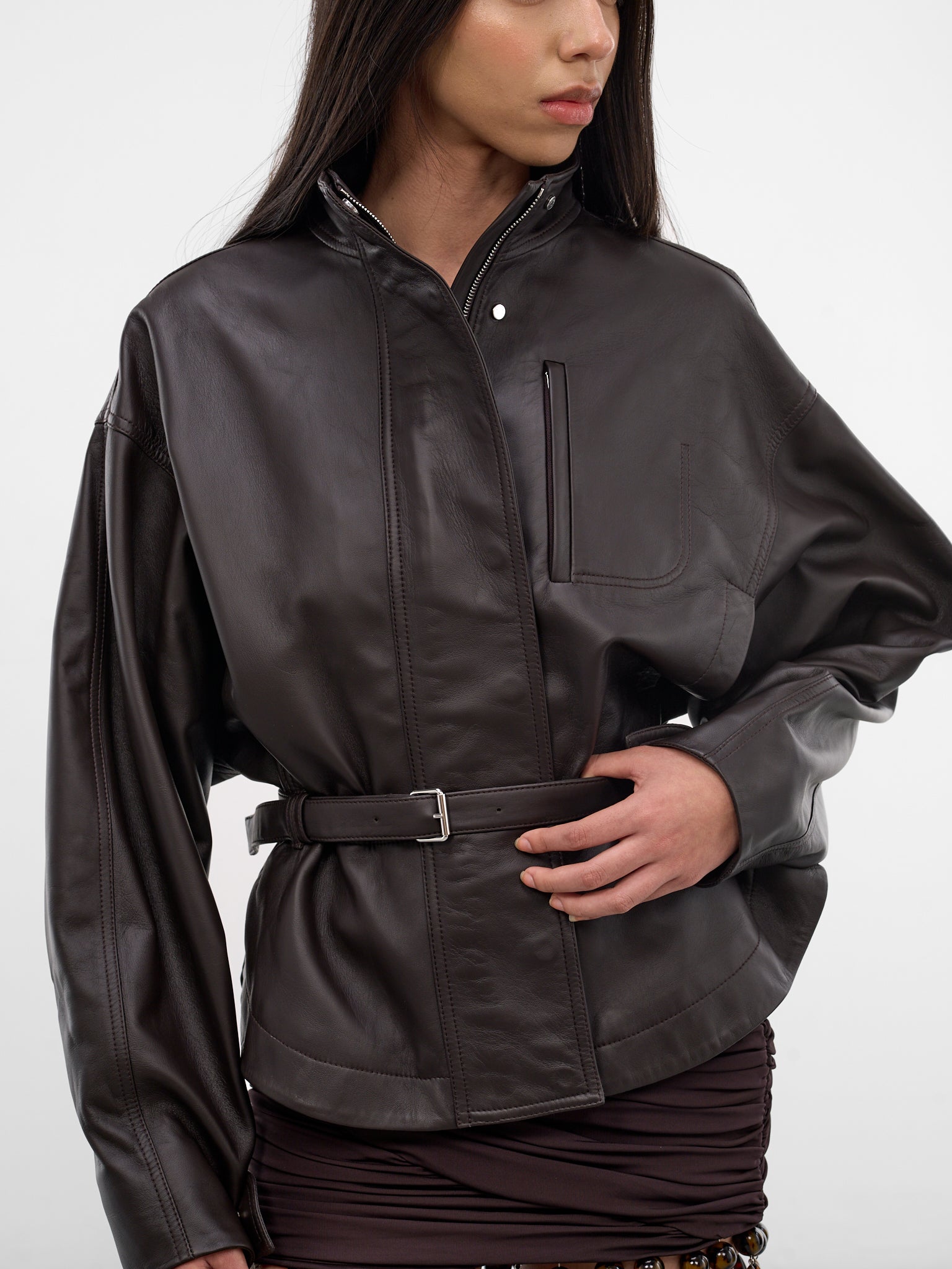 Brown Lamb Leather Belted Jacket (OUW00127AC27L27-DARK-BROWN)