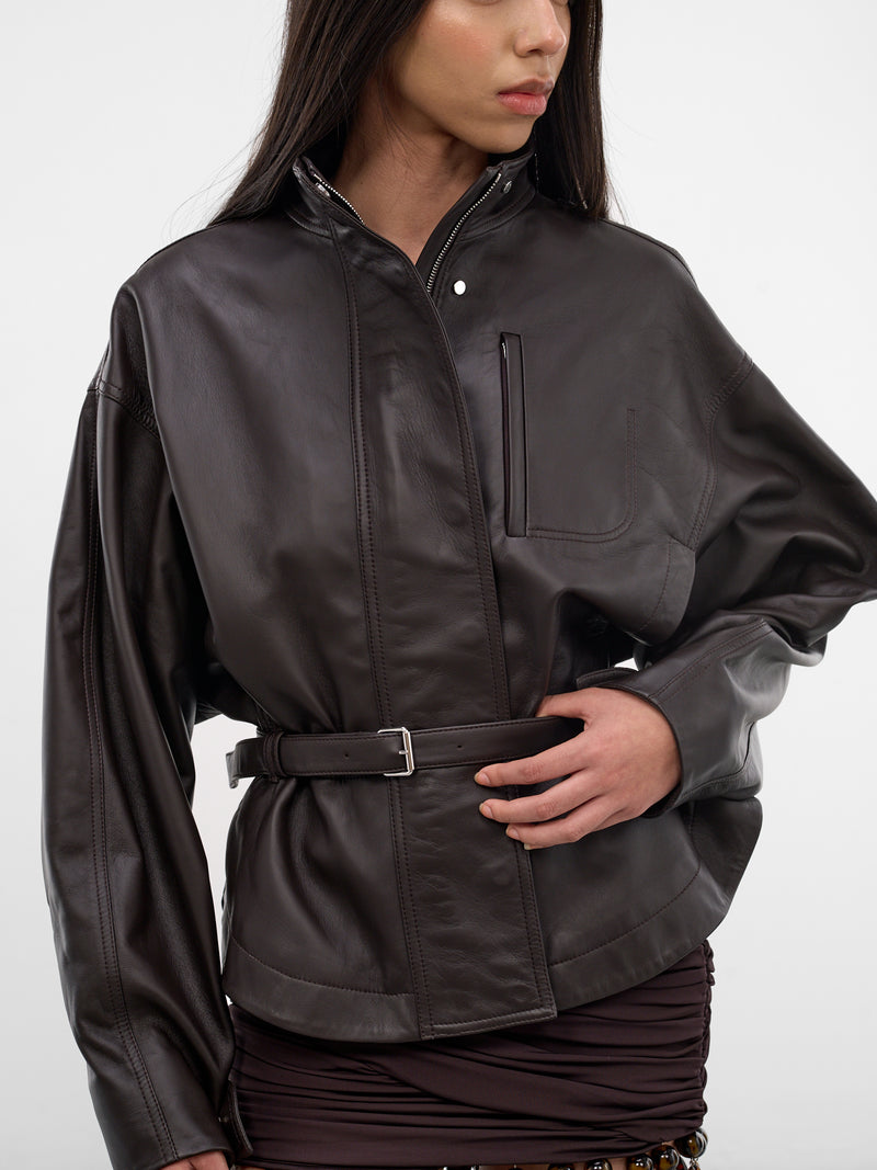 Brown Lamb Leather Belted Jacket (OUW00127AC27L27-DARK-BROWN)