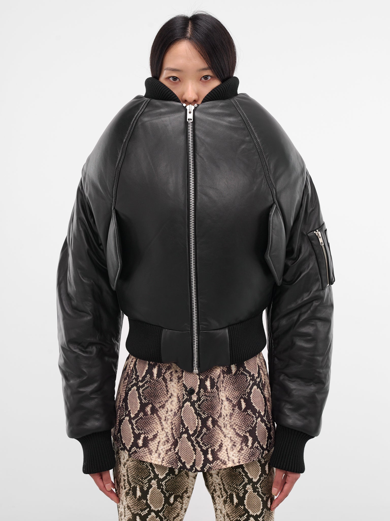 Leather Over Shoulders Sculptural Bomber (OW01006-0015-BLACK)
