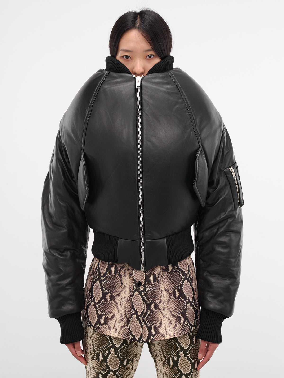 Leather Over Shoulders Sculptural Bomber (OW01006-0015-BLACK)