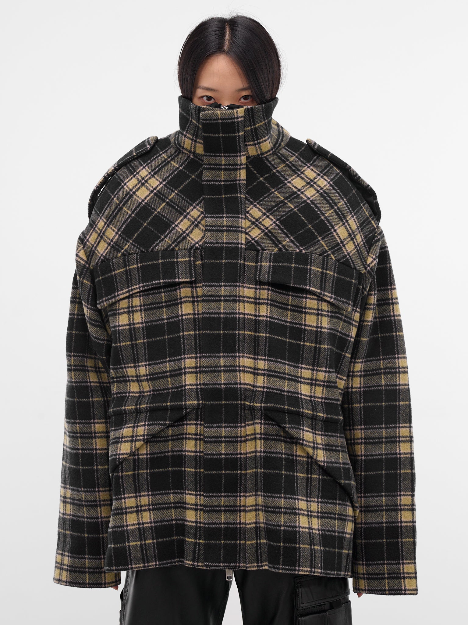 Tartan Over Shoulders Sculptural Jacket (OW01995-1331-BLUE-CREAM)