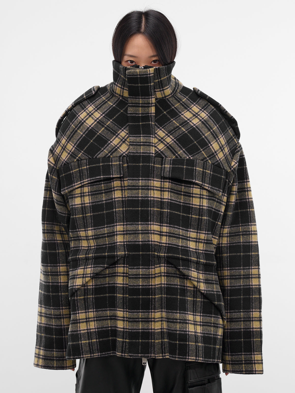 Tartan Over Shoulders Sculptural Jacket (OW01995-1331-BLUE-CREAM)