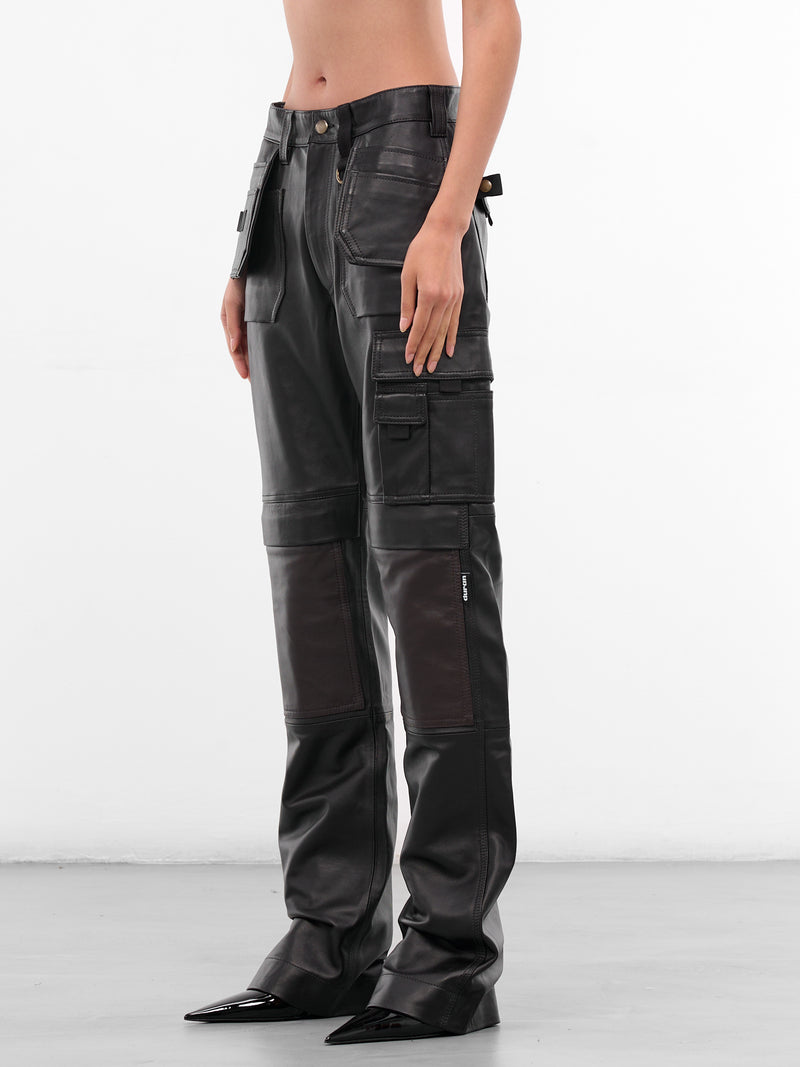 Black Leather Cargo Work Pants (PA02972-0363-BLACK-BROWN)
