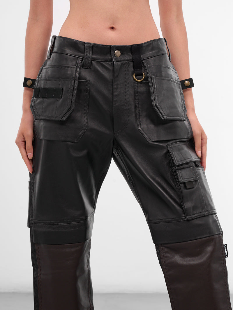 Black Leather Cargo Work Pants (PA02972-0363-BLACK-BROWN)