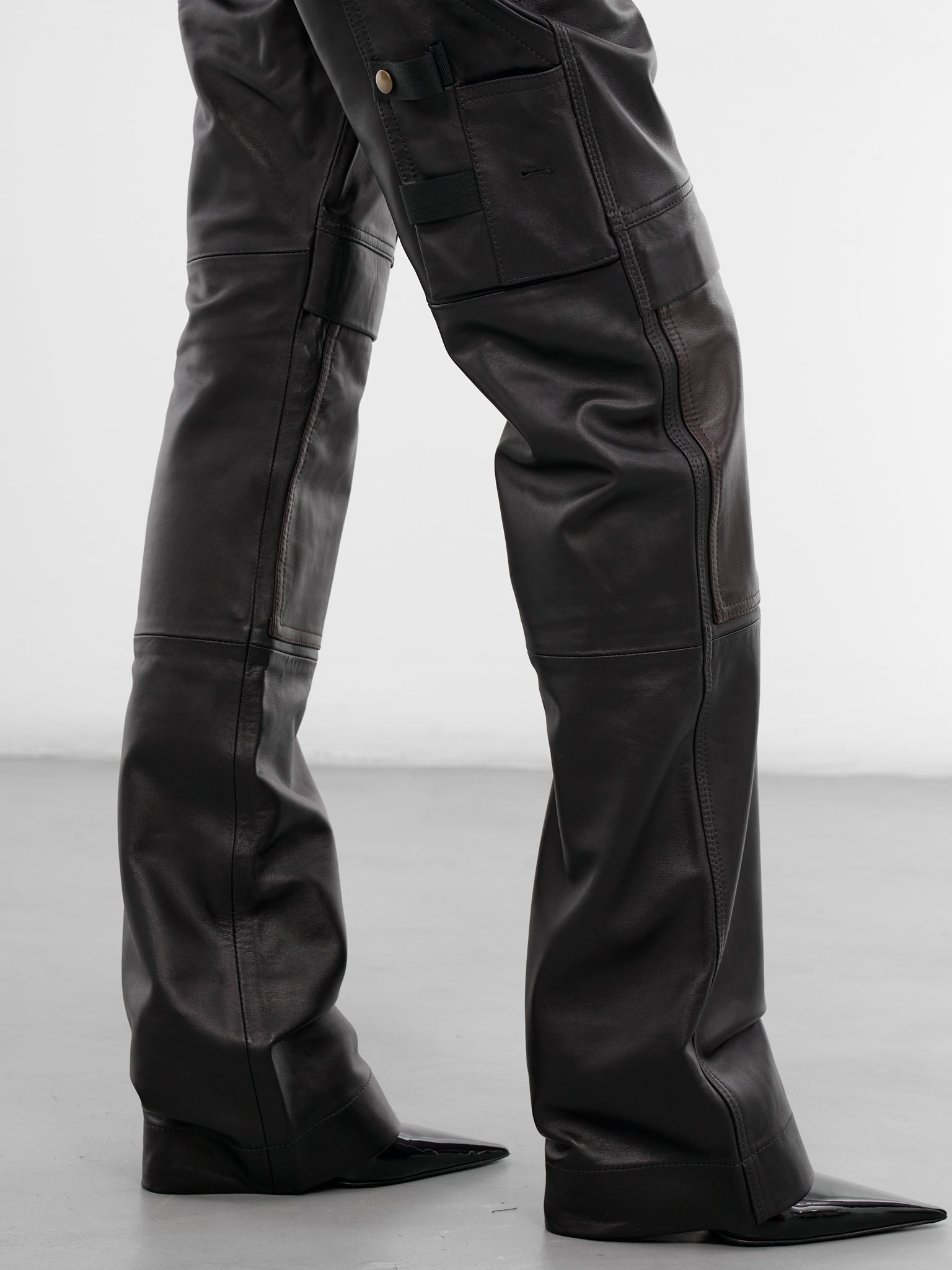 Black Leather Cargo Work Pants (PA02972-0363-BLACK-BROWN)